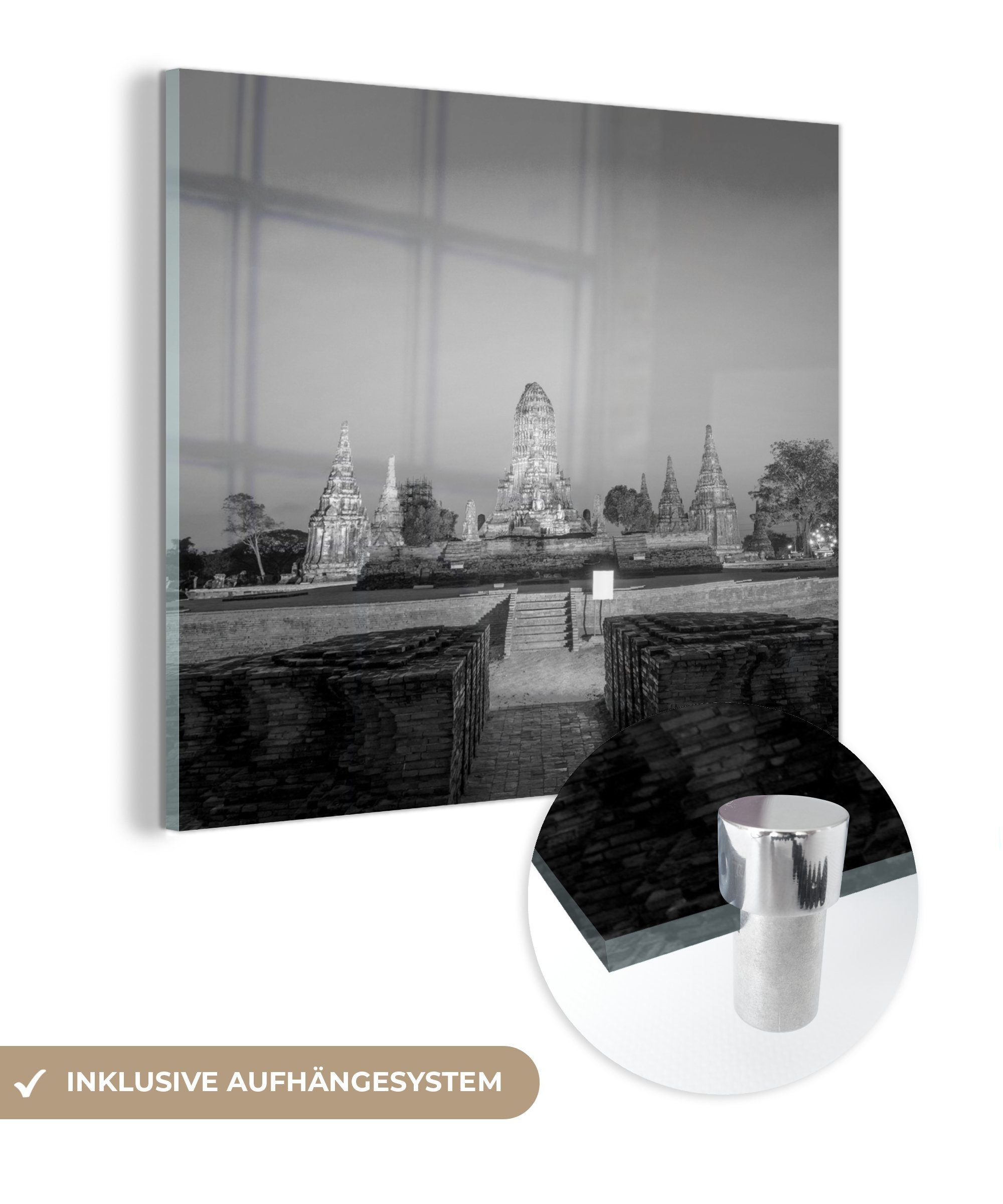 Wanddekoration Türme, Acrylglasbild auf St), Bilder Glas (1 Schwarz Thailand Weiß, - - und - Glas Wat Wandbild Chaiwatthanaram MuchoWow - Glasbilder auf Foto