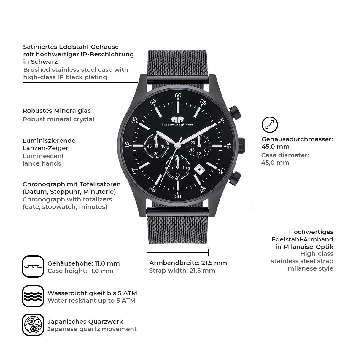 Rhodenwald & Söhne Chronograph Goodwill schwarz Goodwill, mit Milanaise-Arm günstig online kaufen
