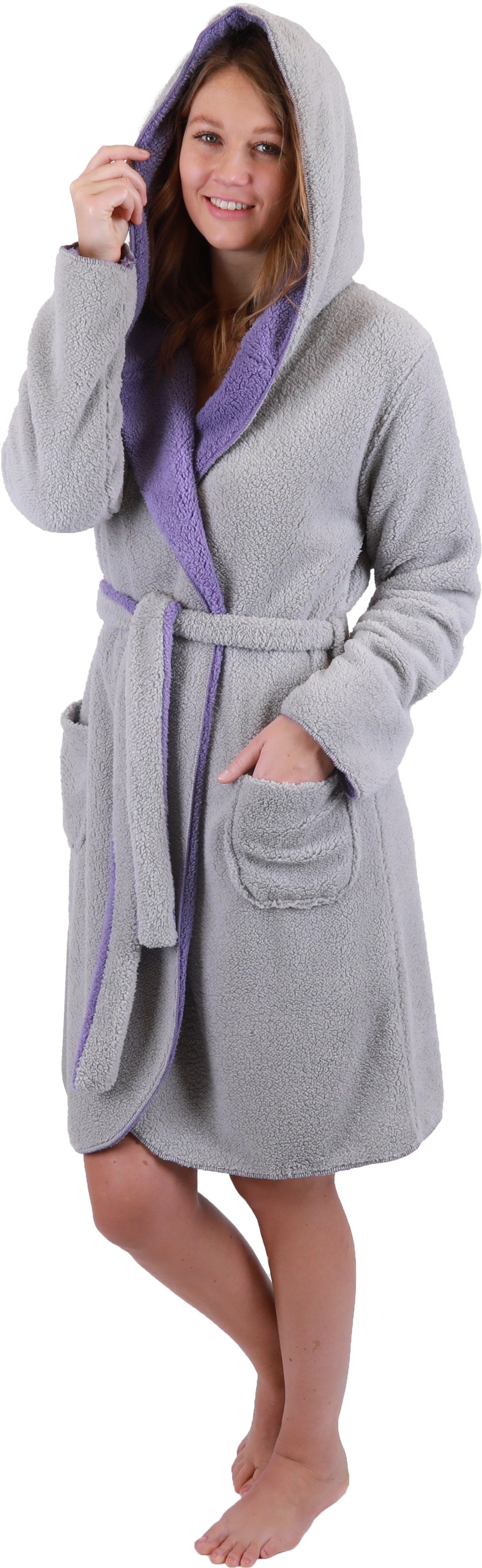 Betz Bademantel Wendebademantel KIEL Saunamantel mit Kapuze, 100% Polyester, Kapuze, Gurtel, Bindegürtel sowie 2 aufgesetzte Taschen