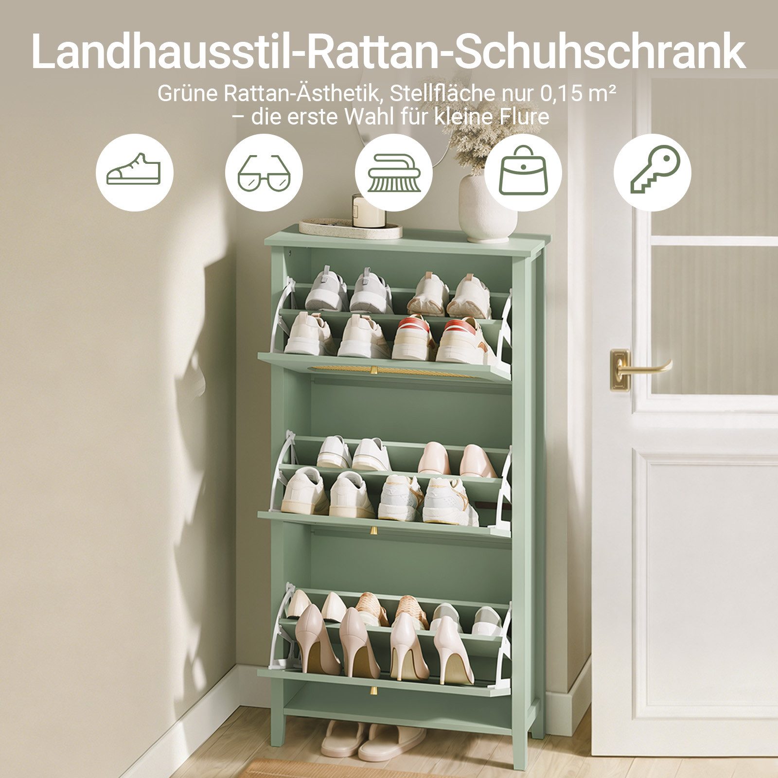 SoBuy Schuhkipper FSR222, Schuhschrank schmal mit 3 Klappen, Wiener Geflecht Fronten (1er Set), Platzsparend für Flur oder Schlafzimmer, bis zu 18 Paar Schuhe