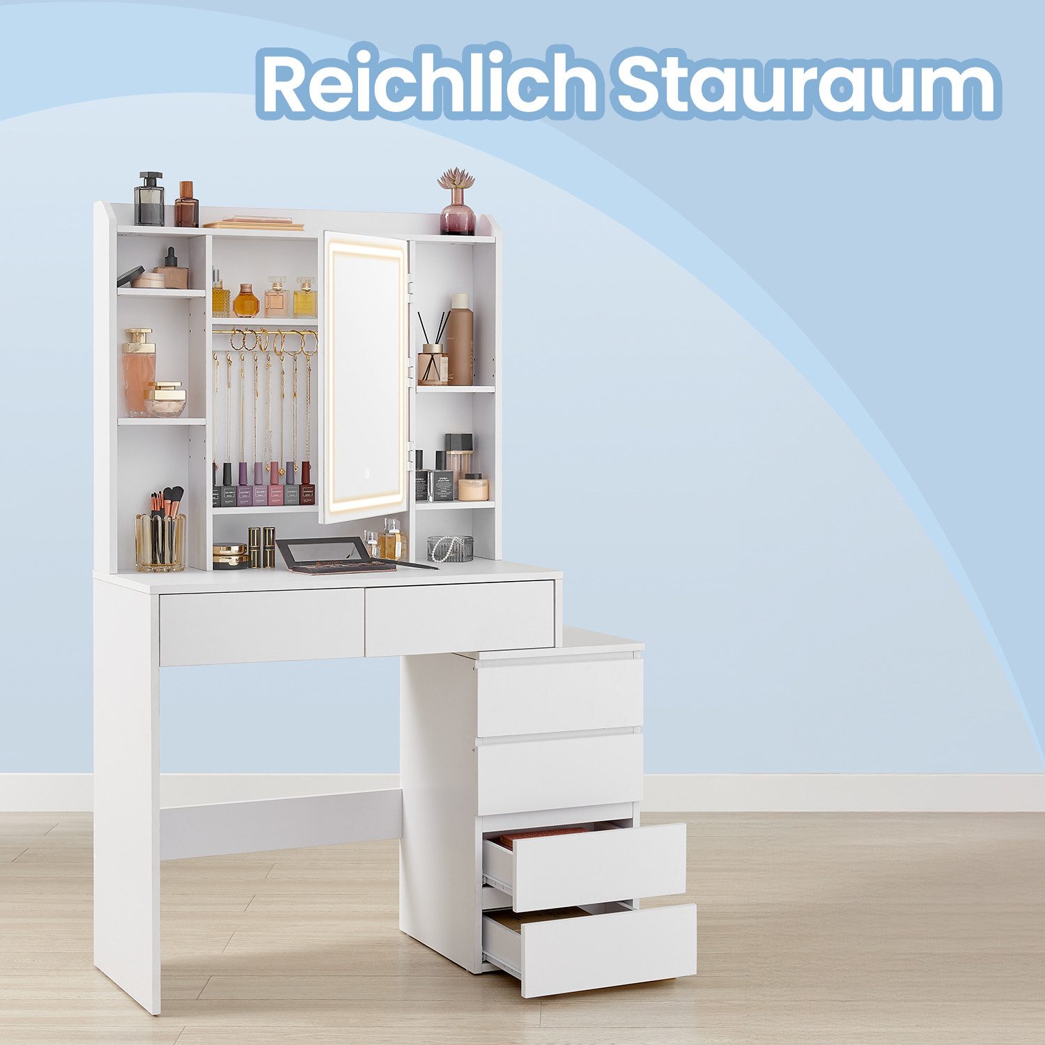 VASAGLE Schminktisch Frisiertisch mit Spiegel, Kosmetiktisch mit Schubladen (1 Tisch), 40 x 98,3 x 145 cm, verstellbaren Ablagen, modern – Bild 4 von 5