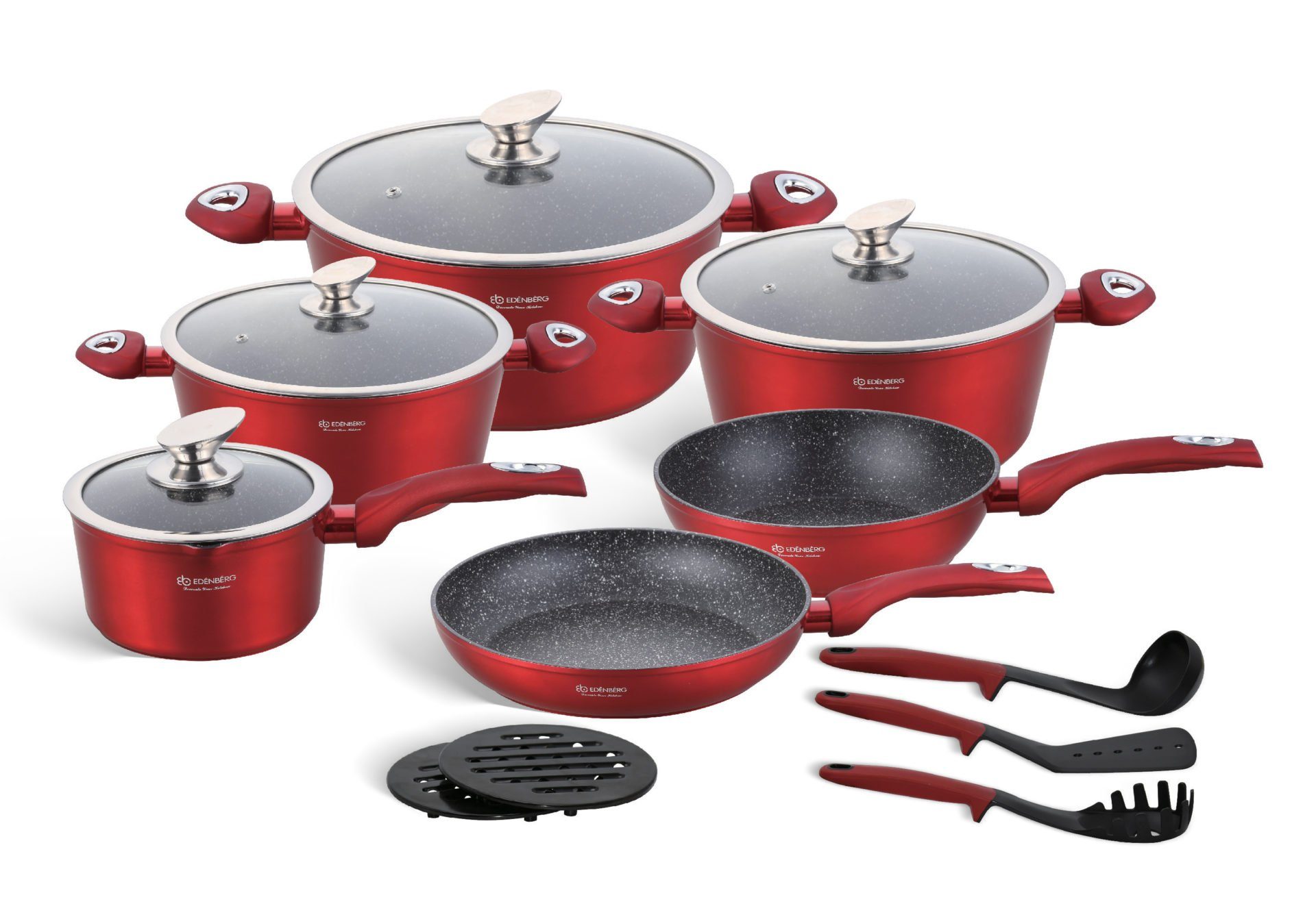 Edenberg Topf-Set Rote klassische Töpfe, Topfset Kasserolle Kochtopf Pfanne Keramik, Aluminium, Keramik (1.53L / 2.3L / 2.7L / 2.75L / 4.65L / 6.66L, 15-tlg., Zeitloses Design des Topfsets. Eine ideale Geschenkidee! Hochwertig)