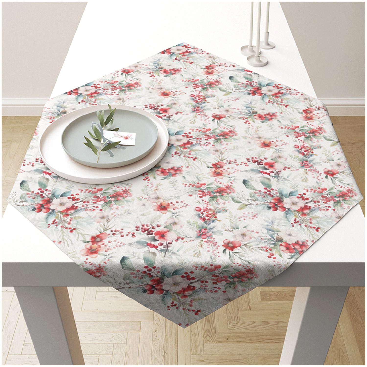 Ambiente® Tischläufer Winter berries (1-tlg, 1-teilig), quadratische Tischdecke Mitteldecke ca.90x90cm Baumwolle