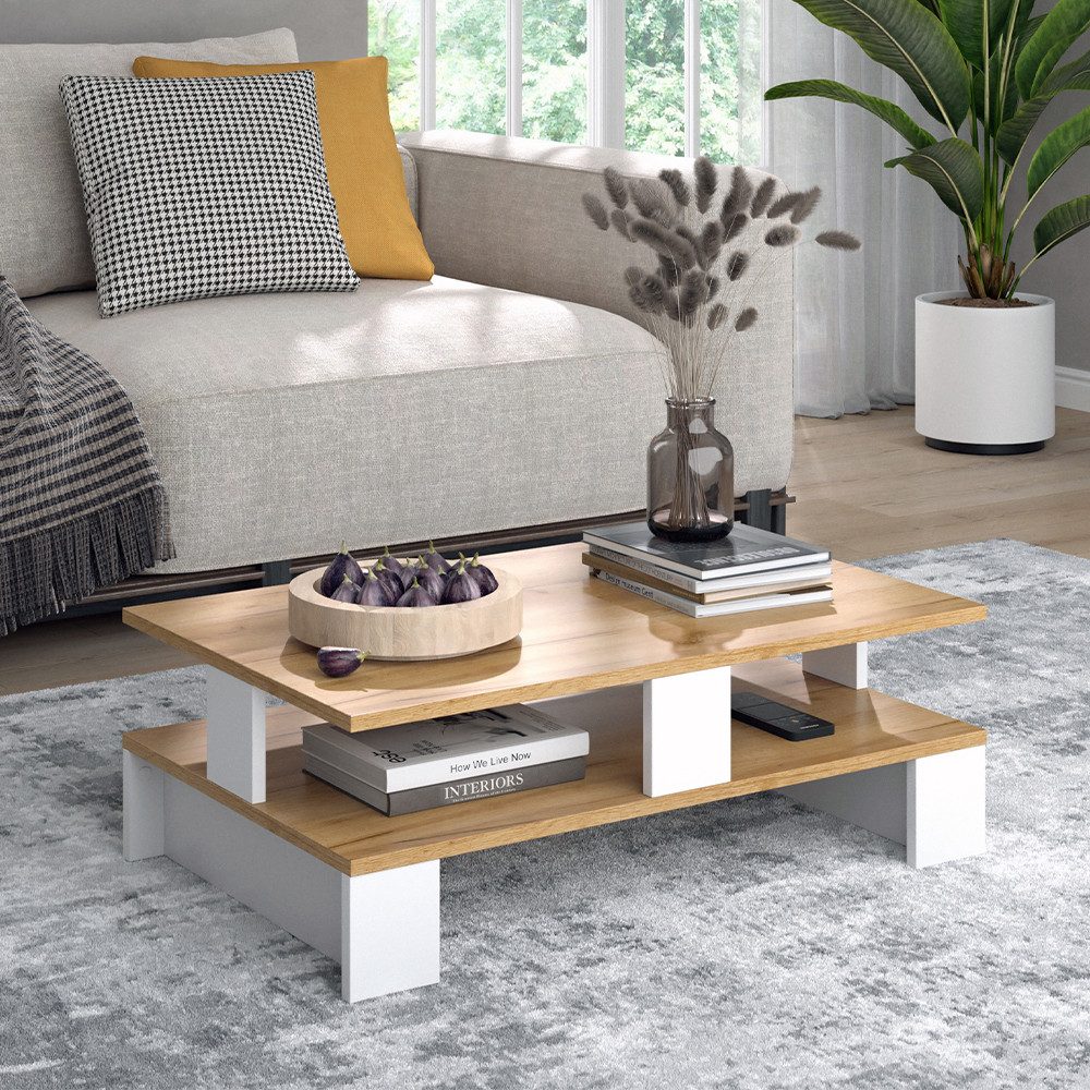 Vicco Couchtisch Belina, Goldkraft Eiche/Weiß, 80 x 50 cm mit zwei Ebenen (1-St)