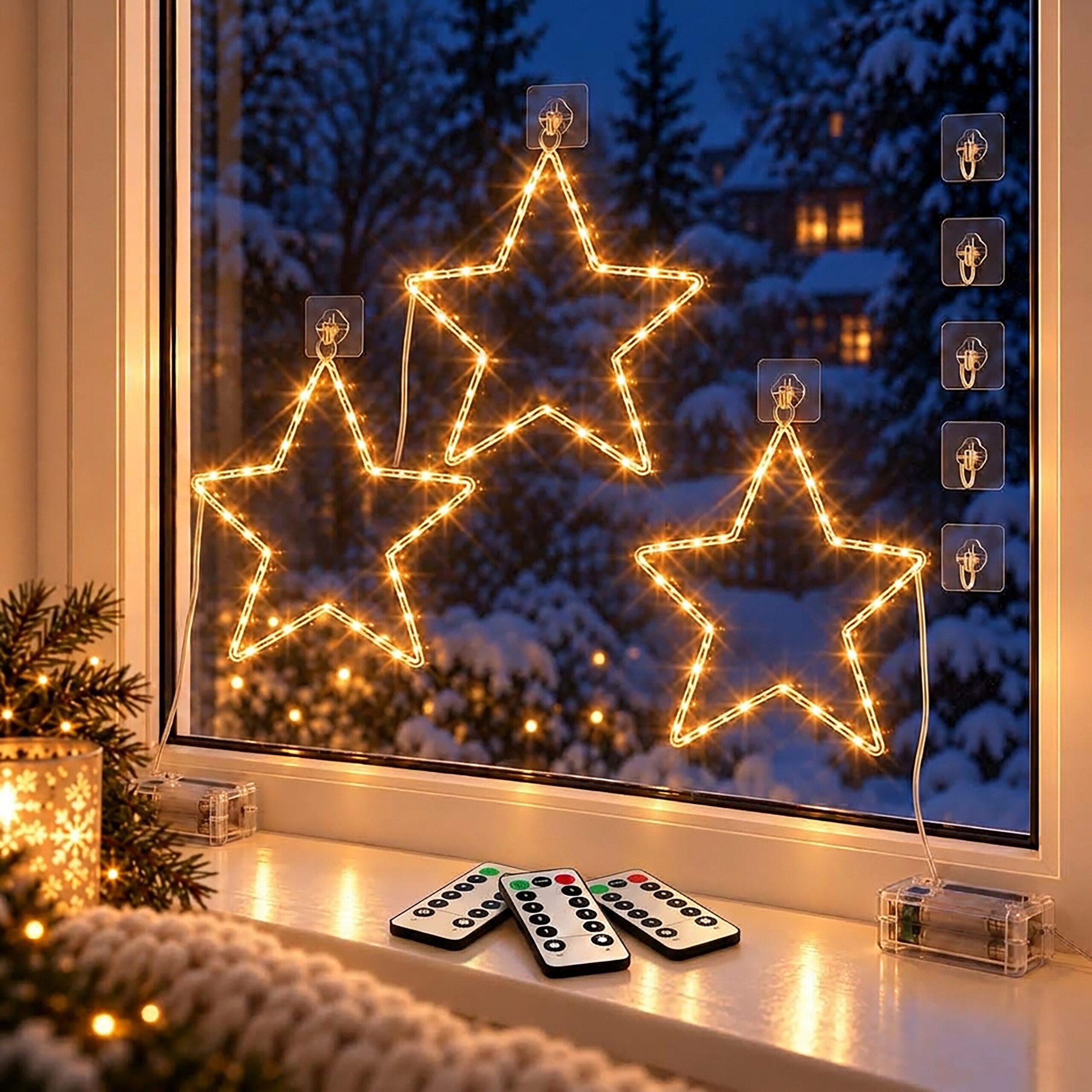 relaxdays LED Stern LED Weihnachtsstern Set mit Klebehaken, 8 Beleuchtungsmodi, Timer-Funktion (6 h an/18 h aus) und Fernbedienung, LED, Warmweiß, 3 Sterne