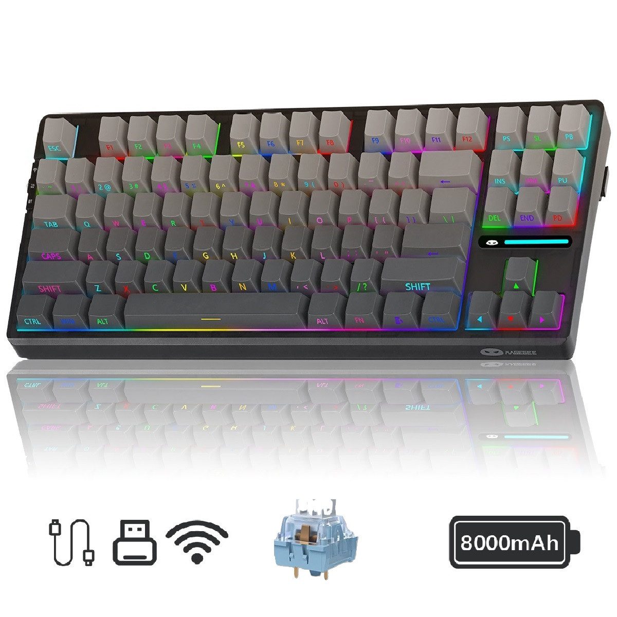 Novzep Gaming Tastatur Kabellose Mechanische Keyboard RGB Rainbow Tri-Modus Gaming-Tastatur (Kompakt 87 Tasten für Mac&Win,5 schallabsorbierende Schichten,PC)