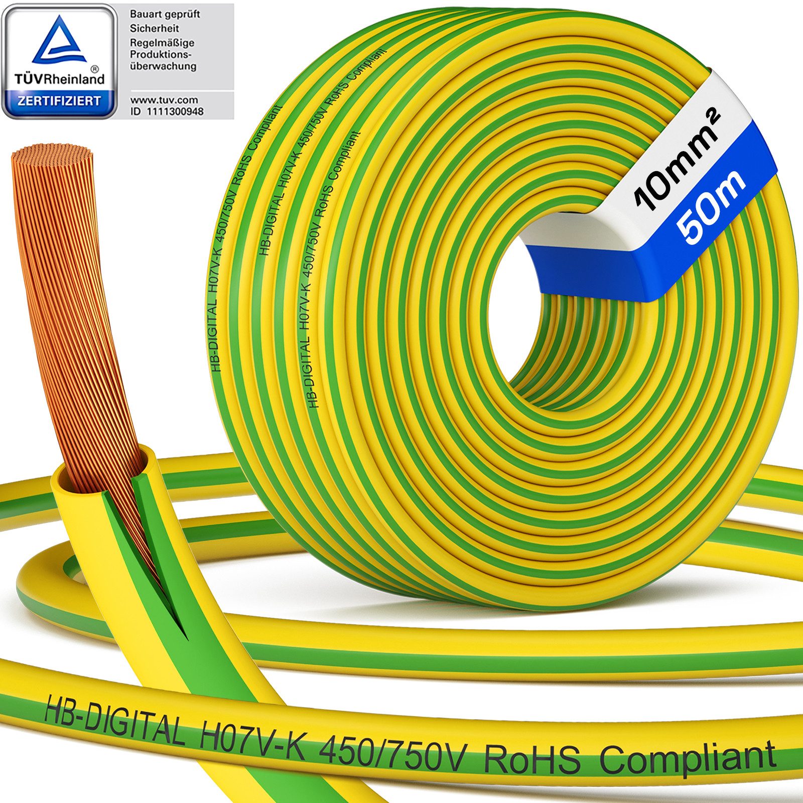HB-DIGITAL Erdungskabel 10mm2 PVC Aderleitung H07V-K flexibles Kabel grün-gelb Stromkabel, (5000 cm), PVC-Isoliermantel