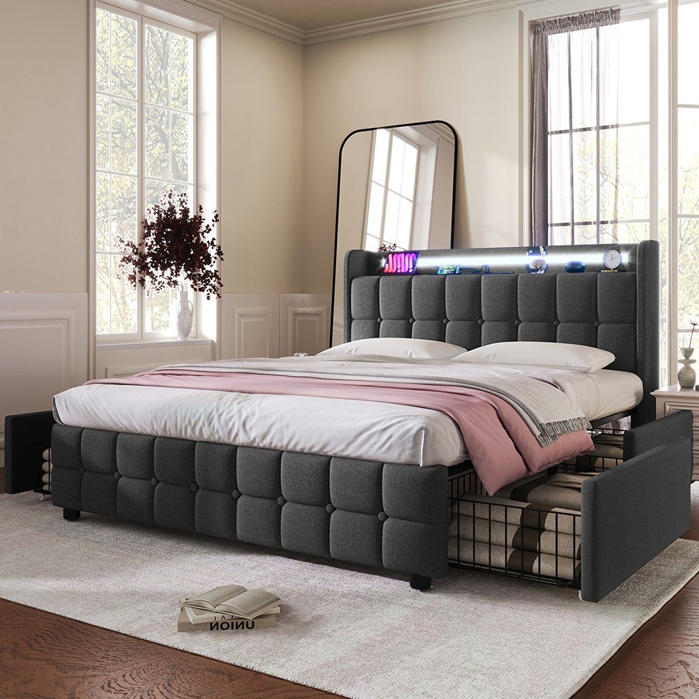 Polsterbett (Stauraumbett mit Lattenrost), Dopplebett 180x200cm mit LED-Beleuchtung, Ladefunktion & 4 Schubladen