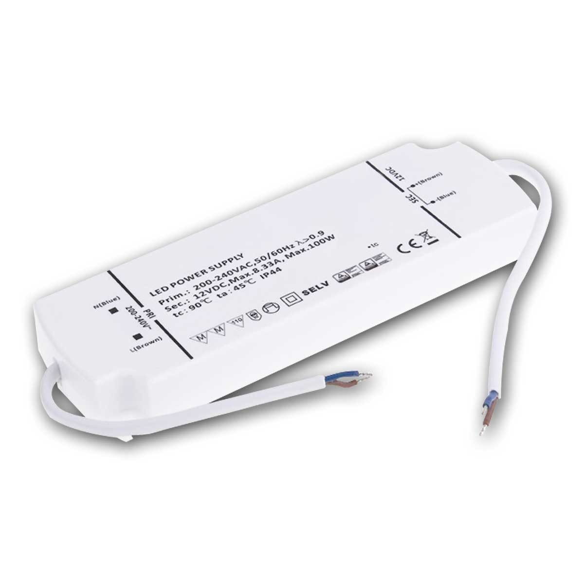 Designlight LED Trafo SLIM IP44, 12V DC 100W, 2x 15cm Kabel LED Trafo