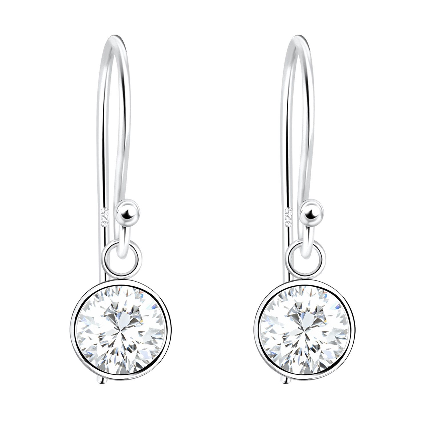 Paar Ohrhänger 925 Silber Ohrringe Hängend Zirkonia Stein Tropfen Rund Anhänger 6mm