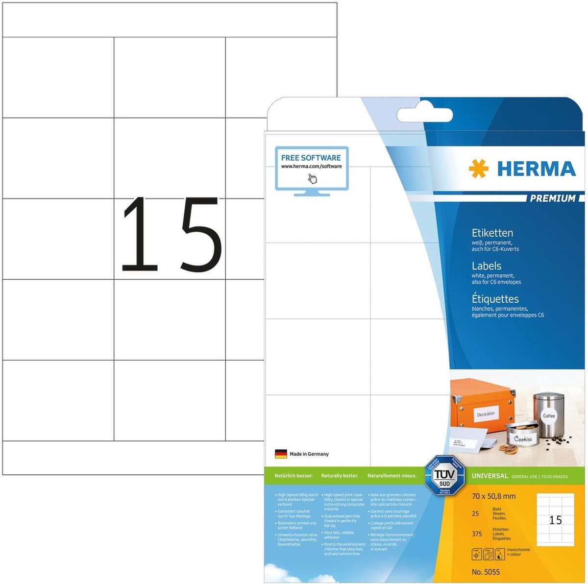 HERMA Etiketten Etiketten weiß 70x50,8mm Premium A4 VE=375 Stück