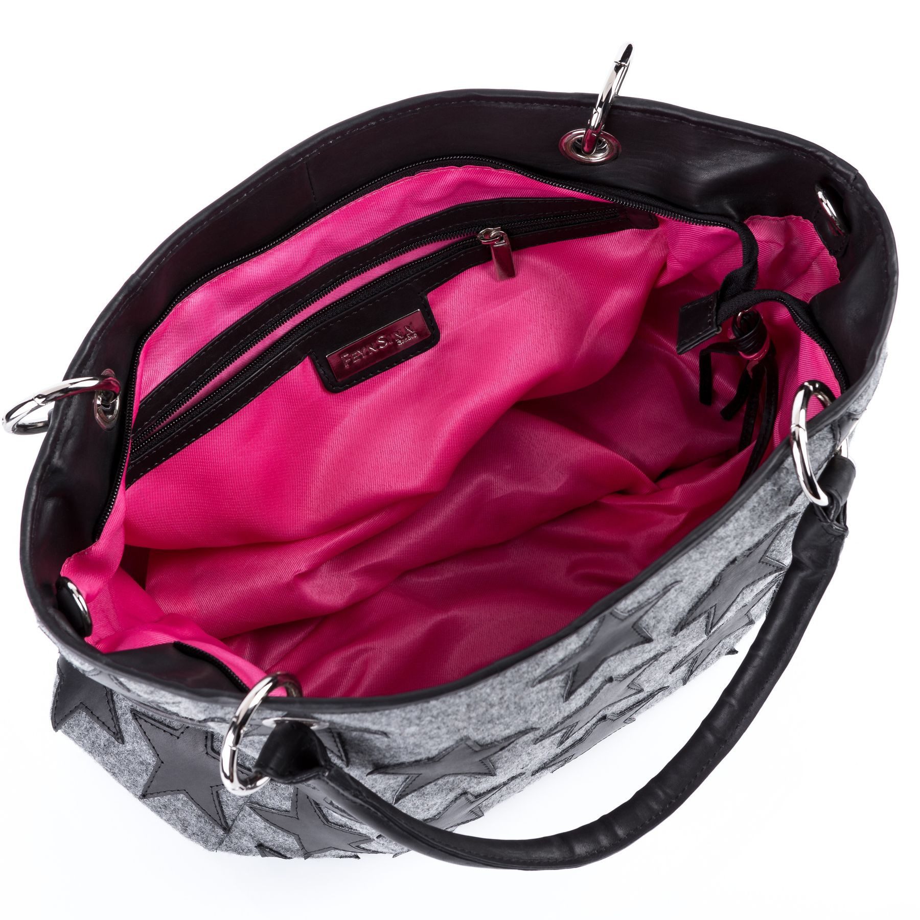 FEYNSINN Umhängetasche echt Leder Handtasche Schultertasche groß STARS, Schultertasche Filz Echtleder für Damen, Shopper schwarz-grau