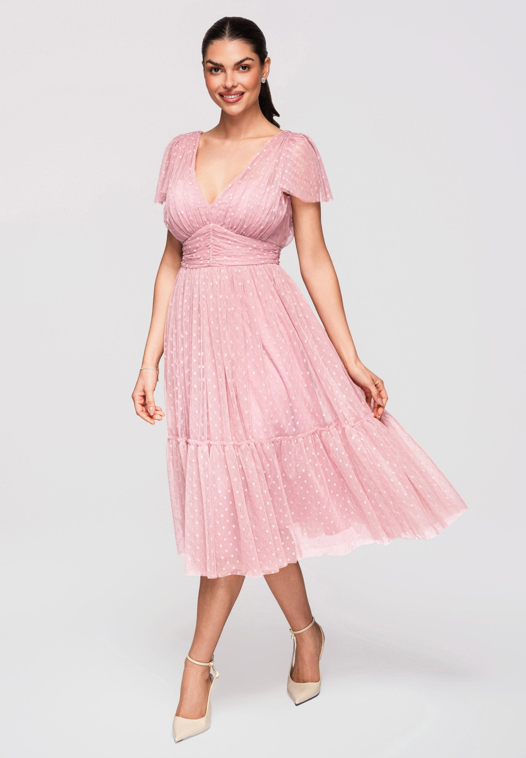 OMBRE Abendkleid Midi Kleid Ausgestellt V-Ausschnitt Cocktailkleid Dark pink L (kein Set, 1-tlg) Mehrlagige Konstruktion, transparente Netzstruktur – Bild 5 von 5
