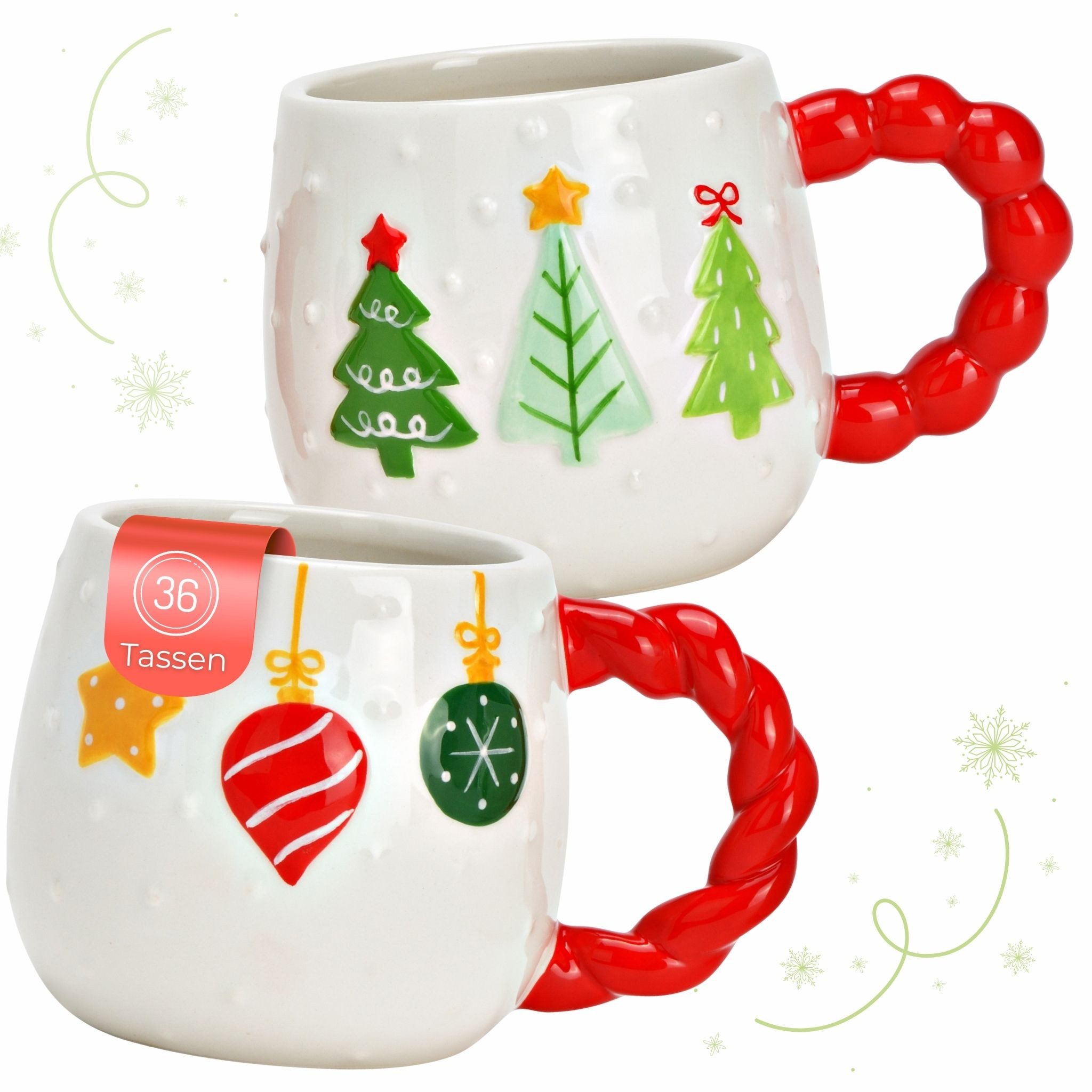 matches21 HOME & HOBBY Tasse Kaffeetassen 36er Set weiß mit rotem Henkel & Winterdekor, 36-tlg., Keramik, Jumbo Weihnachts-Tassen aus Keramik 415 ml