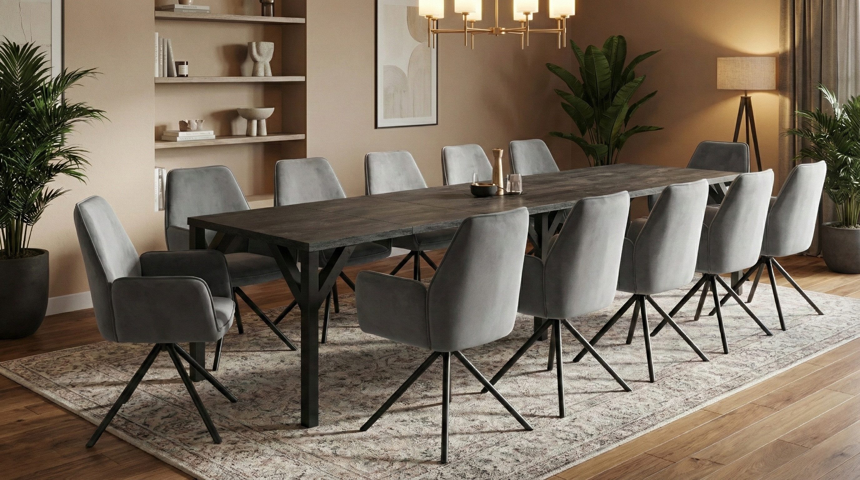 Endo-Moebel Essgruppe XXL "Dunaj" 130-405cm ausziehbar, Tischgruppe, für bis zu 12 Personen, (12-tlg., 1 ausziehbarer Esstisch, 8-12 Stühle), samt Drehstuhl, riesiger 4m langer erweiterbarer Esstisch