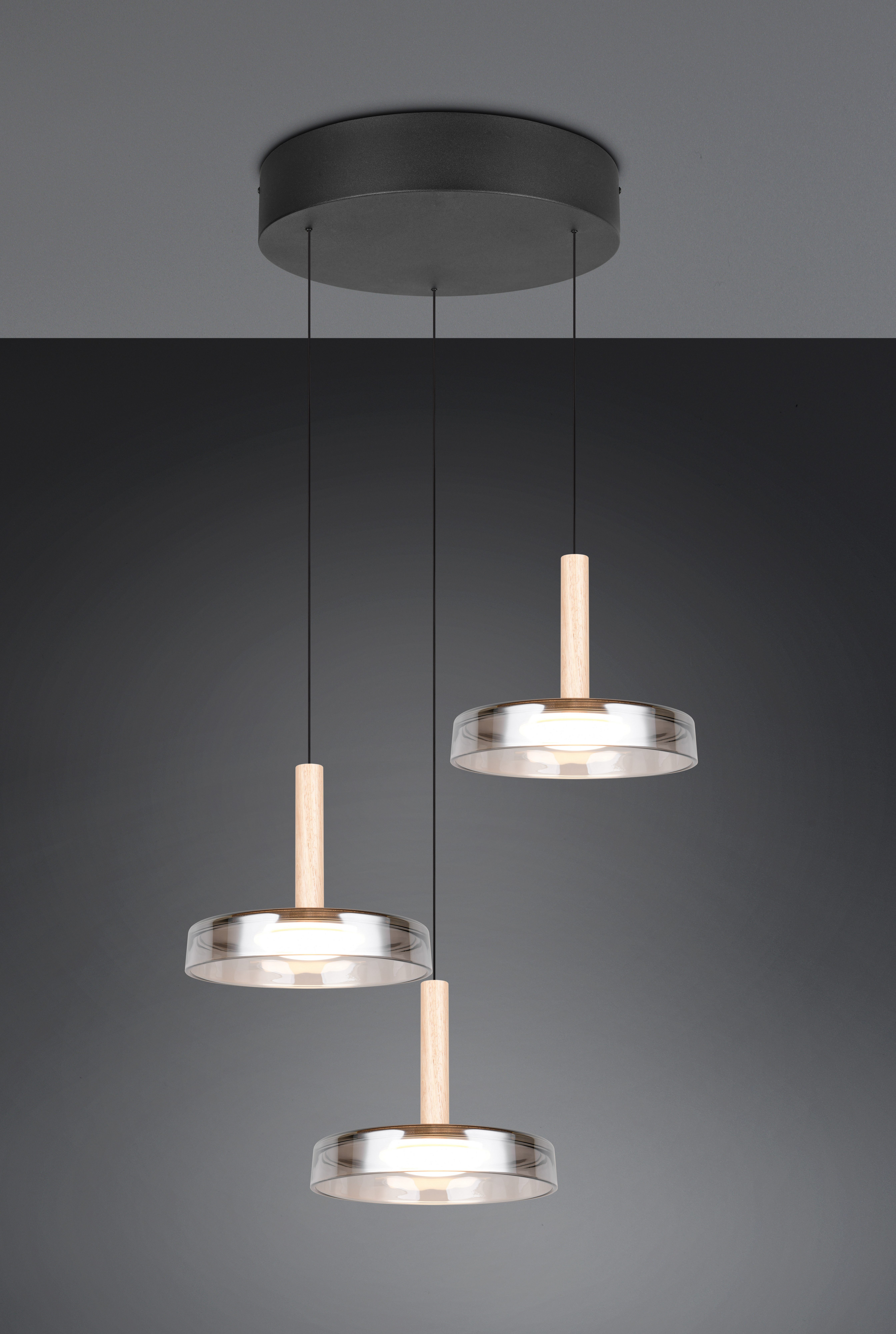 TRIO Leuchten LED Pendelleuchte CELESTE dimmbare LED Hängelampe aus Metall Glas & Holz, 7,5W 750 Lumen, Dimmfunktion, LED fest integriert, Warmweiß, 3-flammig einfach höhenverstellbar von 50-200 cm 3-Stufen Dimmfunktion