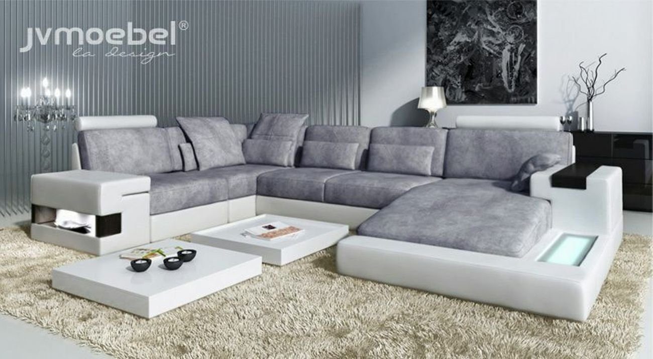 JVmoebel Ecksofa Moderne Textil Sofa U-Form Möbel mit Bett Funktionen Stauraum Grau