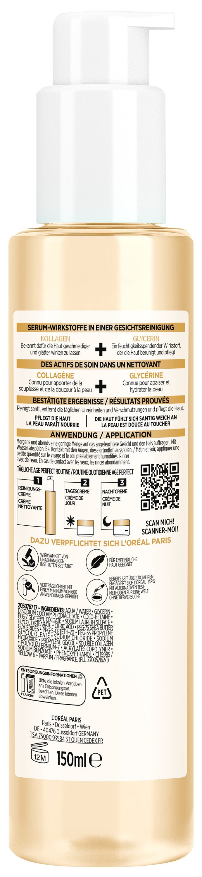 L'ORÉAL PARIS Gesichts-Reinigungscreme L'Oréal Paris Age Perfect Pflegende Reinigungscreme, Mit Kollagen, stärkt die Elastizität, für empfindliche und reife Haut.