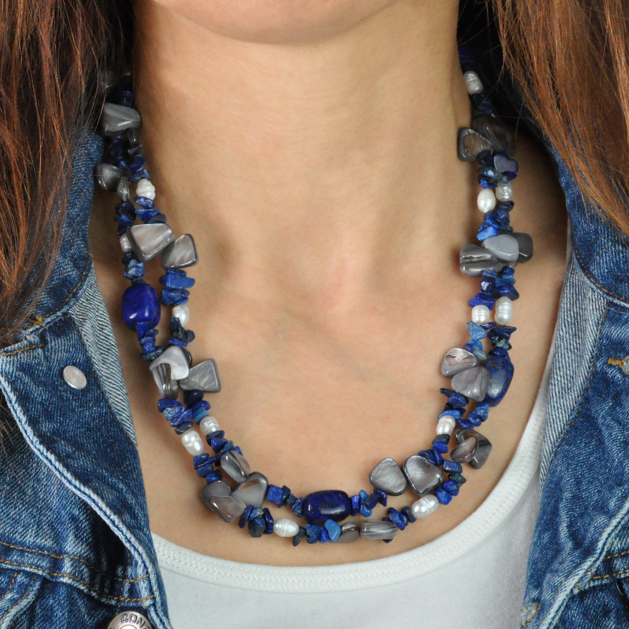 Steuer Collierkettchen Collier 2-reihig Sodalith,Perlen und Muschel
