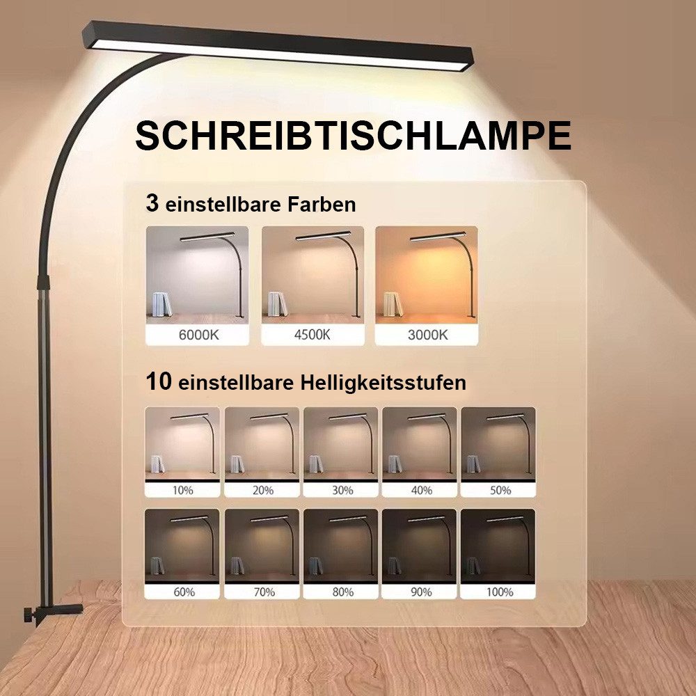 MUPOO LED Tischleuchte Schreibtischlampe USB 40cm Ultrabreite Klemmtischleuchte, Dimmbar,USB mit Adapter, LED fest integriert, Schwarz Schwanenhals