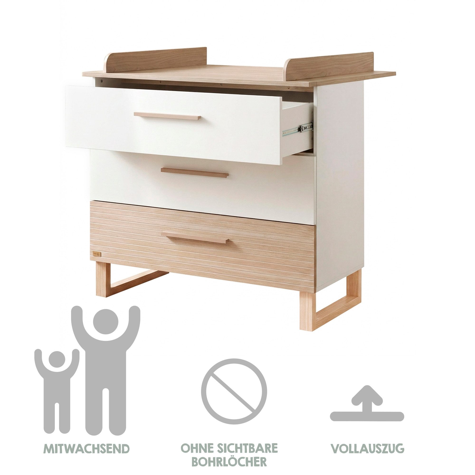 roba® Babyzimmer-Komplettset Noah - Kinderzimmer in modernem Design mit Füßen aus Massivholz, (3-teiliges Set, Babybett in Hausoptik, Wickelkommode & Kleiderschrank), Mit Fräsungen in Wallnuss - Front in sanftem Weiß - Mitwachsend