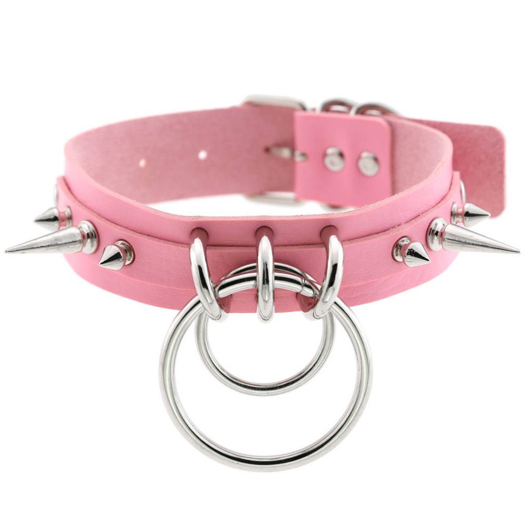 Sandritas Erotik-Halsband Halsband mit Nieten und O-Ringen - rosa, silber