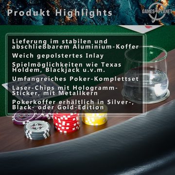 GAMES PLANET Spiel, GAMES PLANET® Pokerkoffer aus Aluminium, Pokerset aus Aluminium mit 500 12g Laser-Chips mit Metalkern, Farbwahl