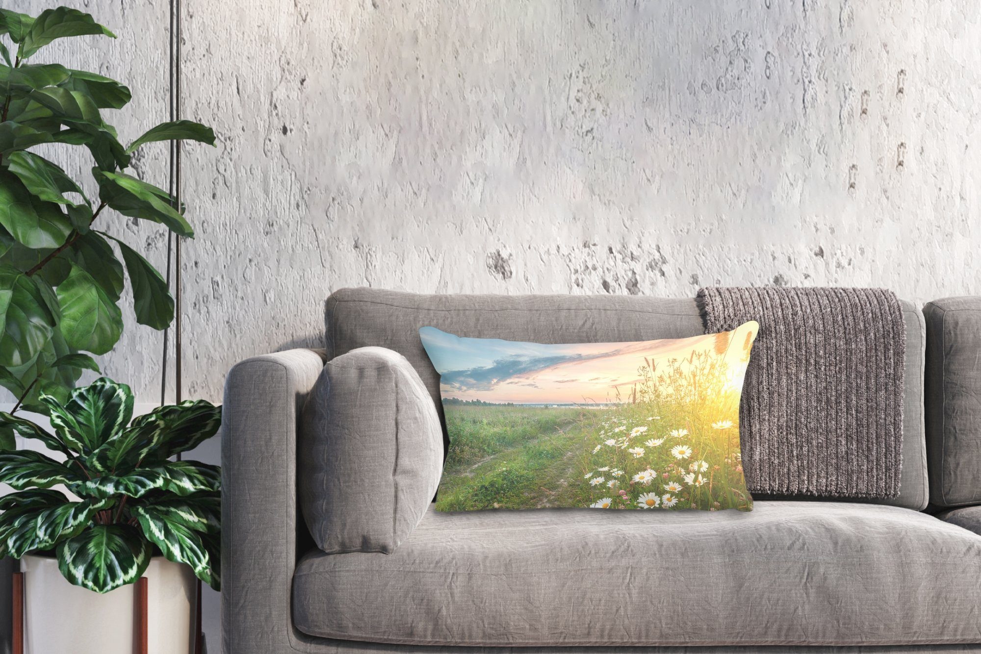 Dekokissen - - Dekokissen Zierkissen, Wohzimmer Dekoration, Blumen Schlafzimmer mit Sonne Gänseblümchen Natur MuchoWow Füllung, Horizont, - -