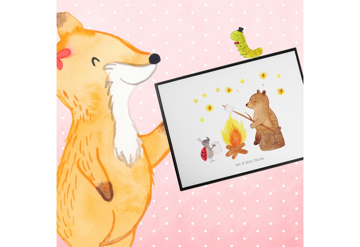 Thumbnail - Mr. & Mrs. Panda Schreibtischunterlage Bär & Marienkäfer Lagerfeuer - Weiß - Geschenk, Schreibtischunterlage, (Packung, ...