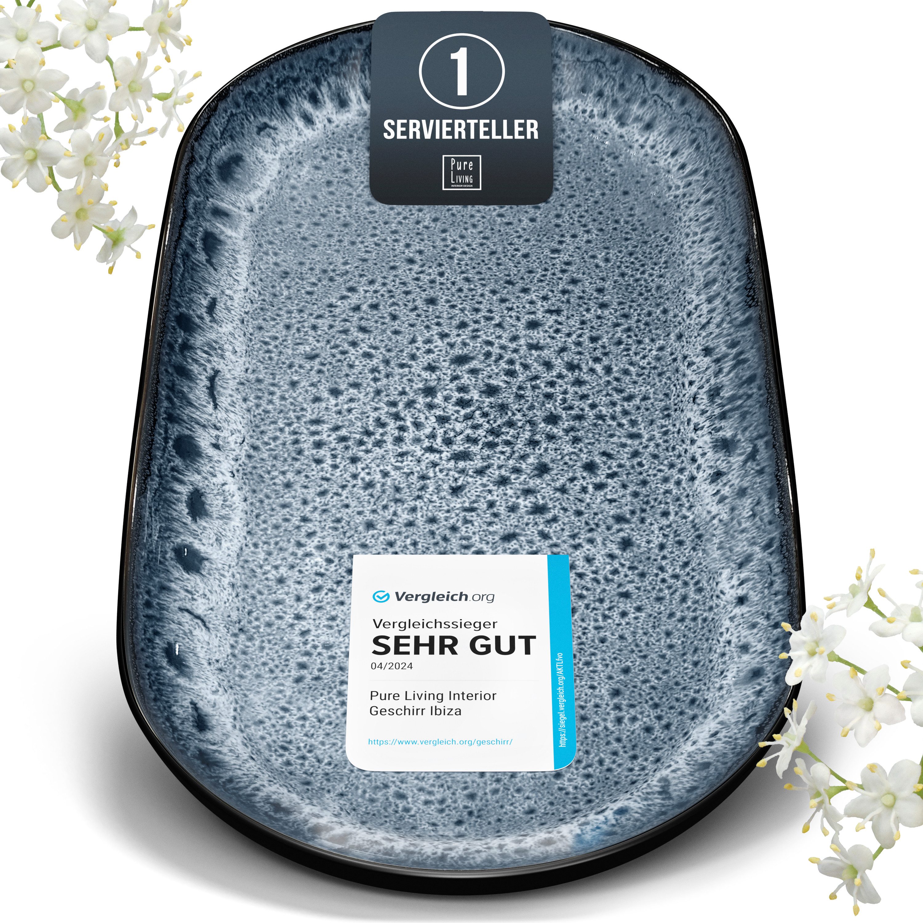 PURE LIVING INTERIOR DESIGN Geschirr-Set Pure Living Servierplatte »Ibiza«, oval, Steingut, Rauchblau, 1 Personen, Steingut, Ovale Form – perfekt zum Anrichten, Elegantes Servierdesign, Reaktive…