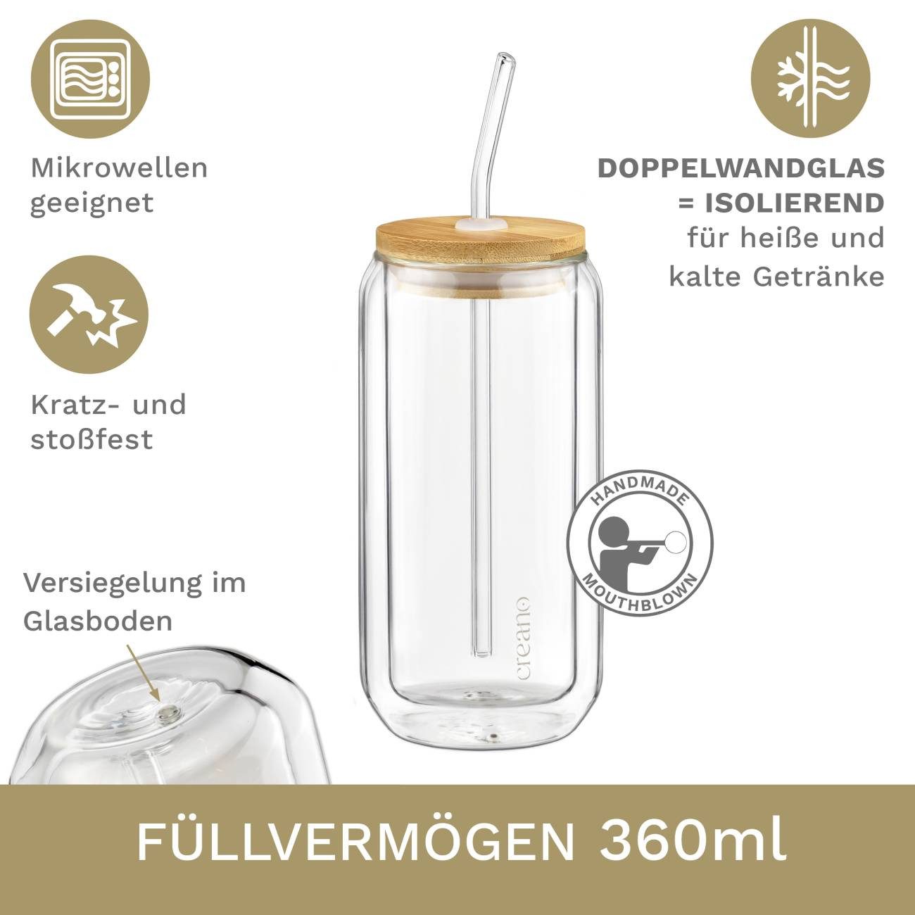 Creano Teeglas Creano doppelwandiges Trinkglas mit Deckel & Strohhalm 360ml 2er-Set, 2-tlg., Borosilikatglas