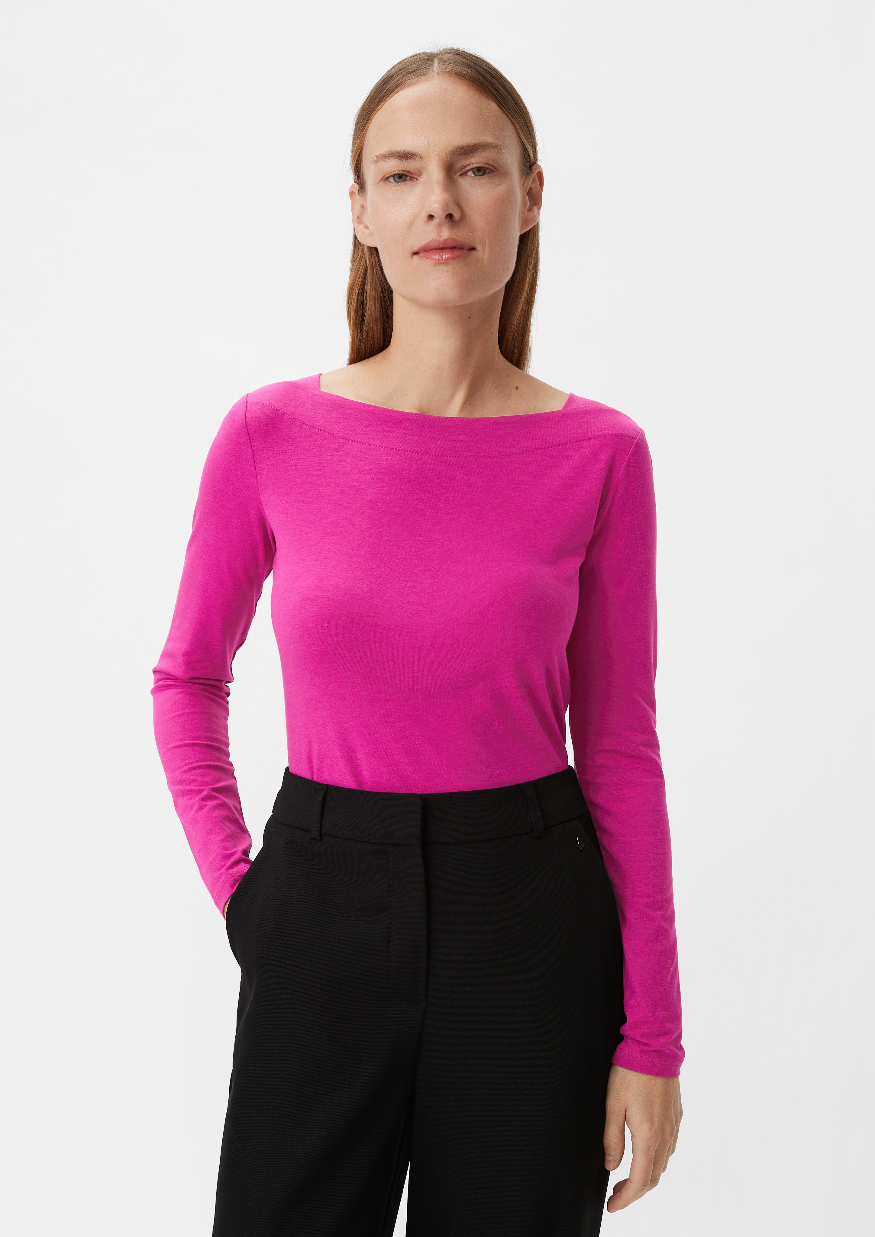 Comma Langarmshirt Longsleeve mit eckigem Ausschnitt pink