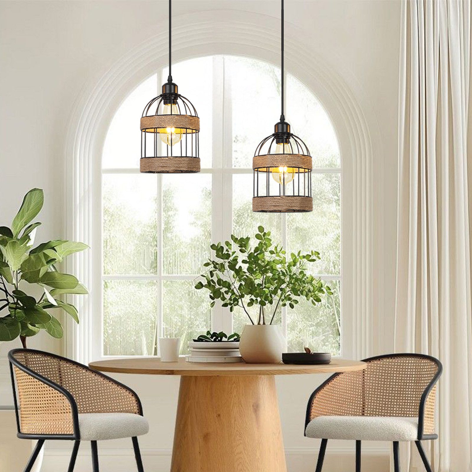 Rosnek LED Pendelleuchte 1-flammige Rattan Pendelleuchte, Boho Mini Kronleuchter, handgefertigt, Halogen, E27, Farmhouse Hängelampe für Küche, Insel, Bar, Flur & Schlafzimmer