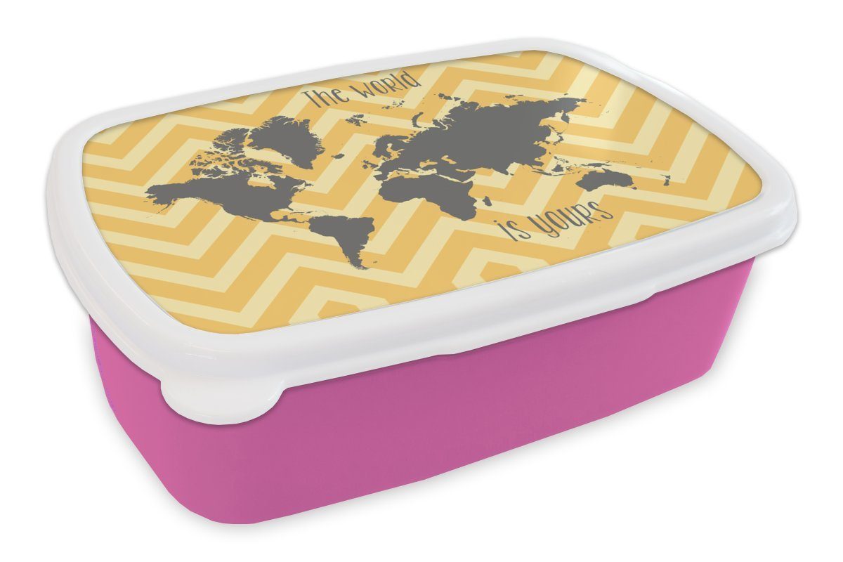 Kunststoff Erwachsene, für Snackbox, (2-tlg), Kinder, Brotdose Weltkarte Brotbox - MuchoWow rosa Lunchbox - Mädchen, Muster, Grau Kunststoff,
