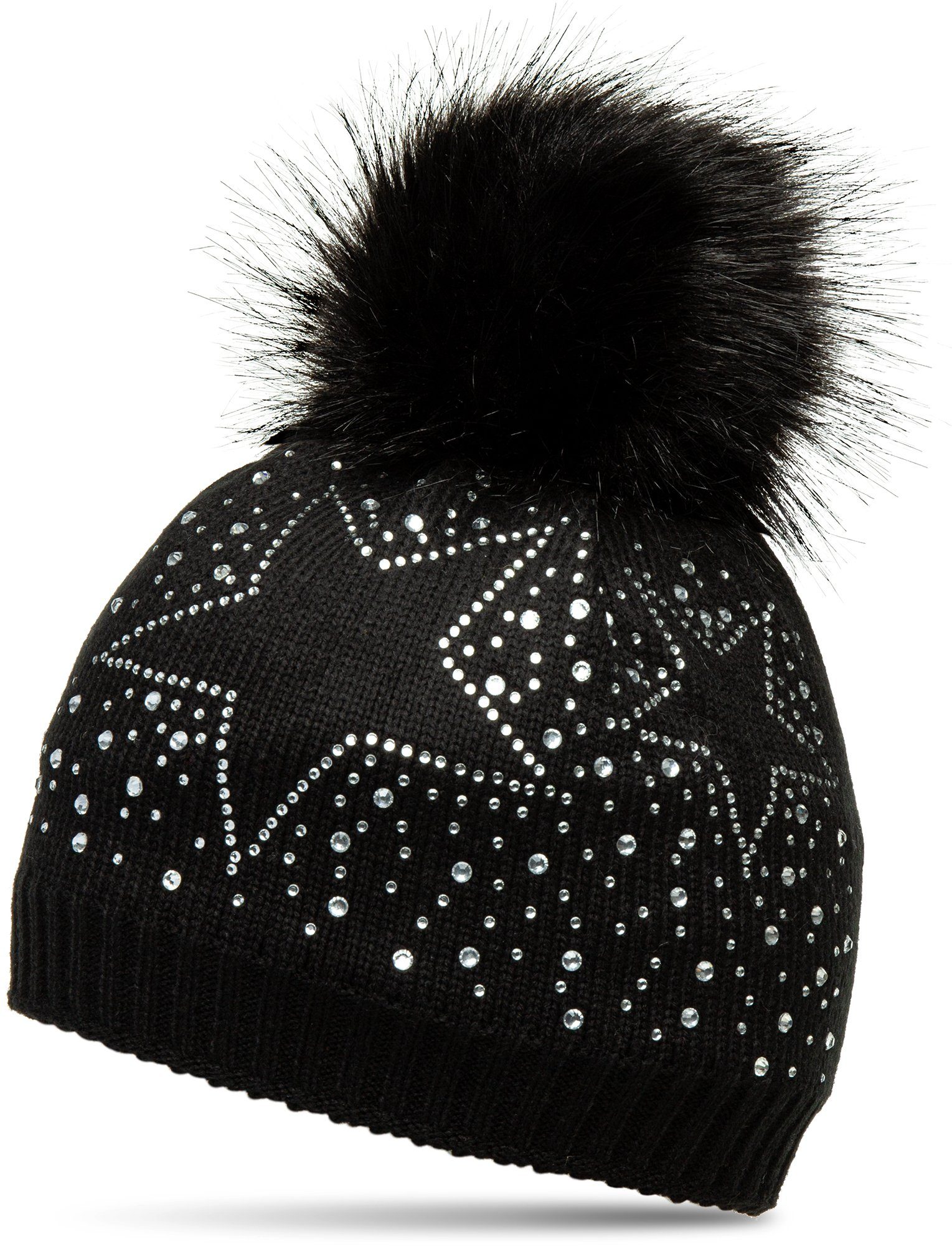 Caspar Bommelmütze MU167 Damen Fein Strick Winter Mütze mit XL Fellbommel und Glitzer Strass Stern