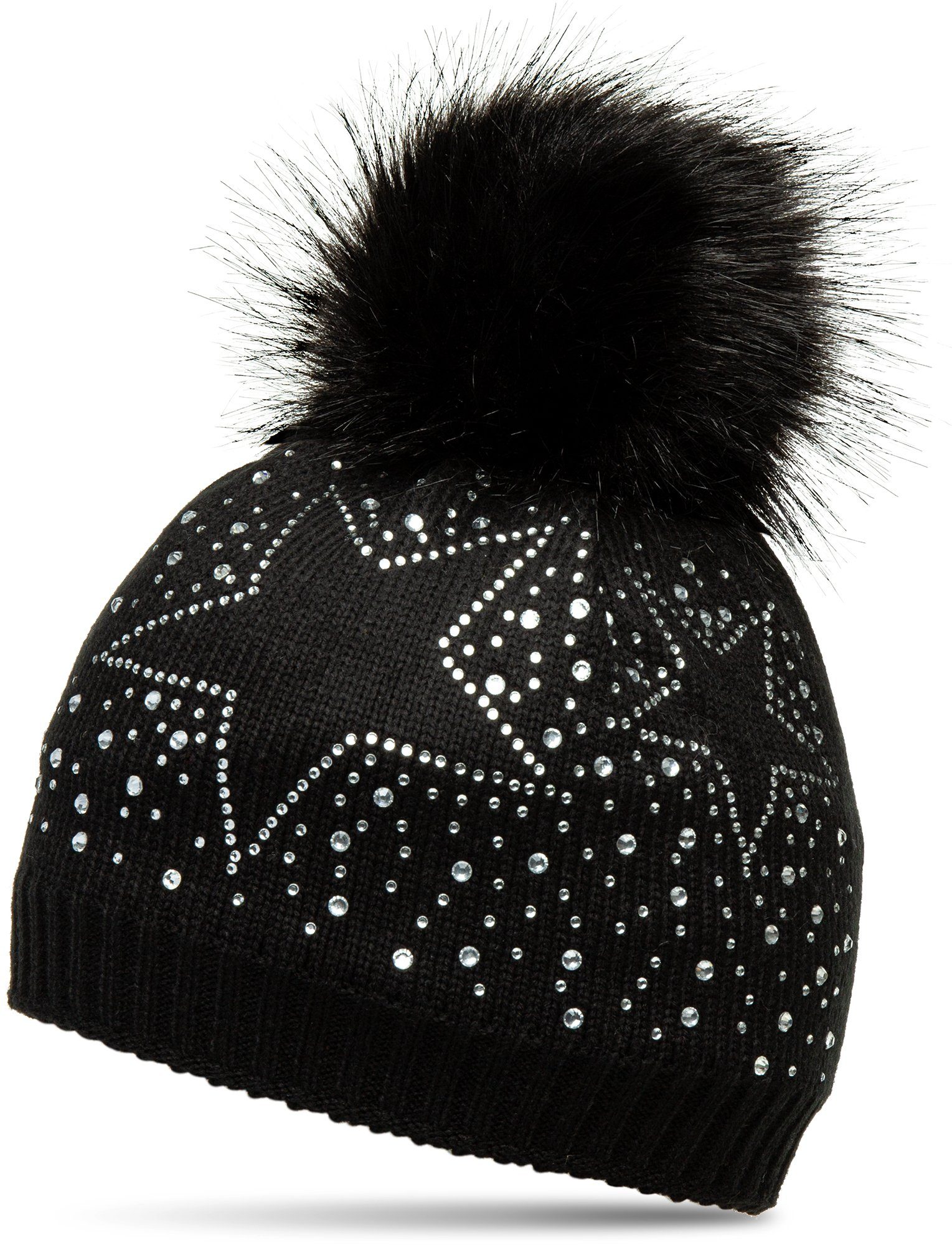 Strick und Fellbommel Bommelmütze MU167 Fein XL Winter mit Damen Caspar Mütze schwarz Strass Glitzer Stern