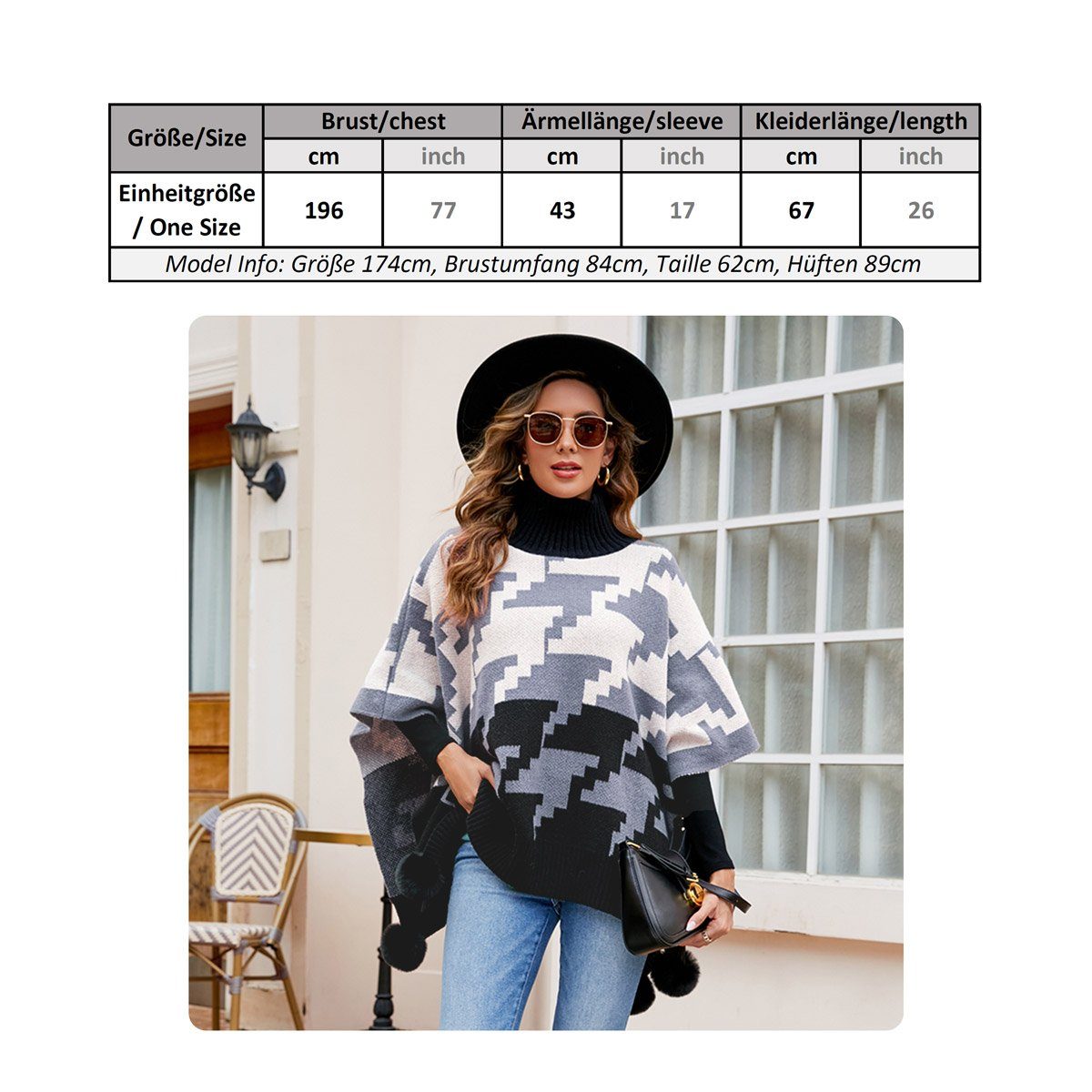 Vivi Idee Strickponcho Damen Strickponcho mit Kragen, Winter warme Schal Pullover angenehm weich und elastisch, Einheitsgröße – Bild 3 von 5