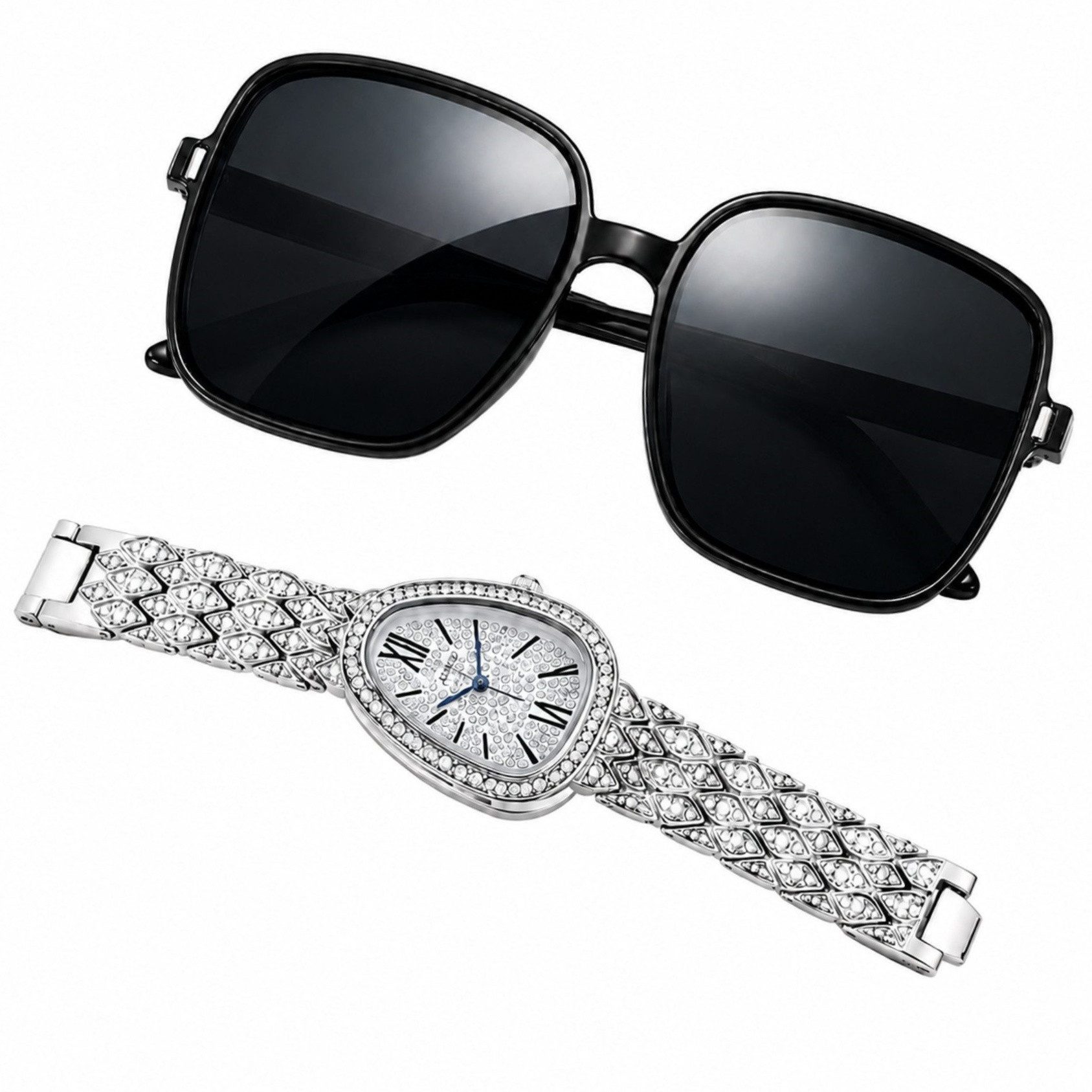 Fyrove Sonnenbrille Modisches Damen Set aus silberner Uhr und schwarzer Sonnenbrille (modische Uhr und Sonnenbrille, Geschenk für Frauen, Geburtstag, Weihnachten, elegantes 2-teiliges Set) Kombinierbar mit klassischen sowie trendigen Outfits