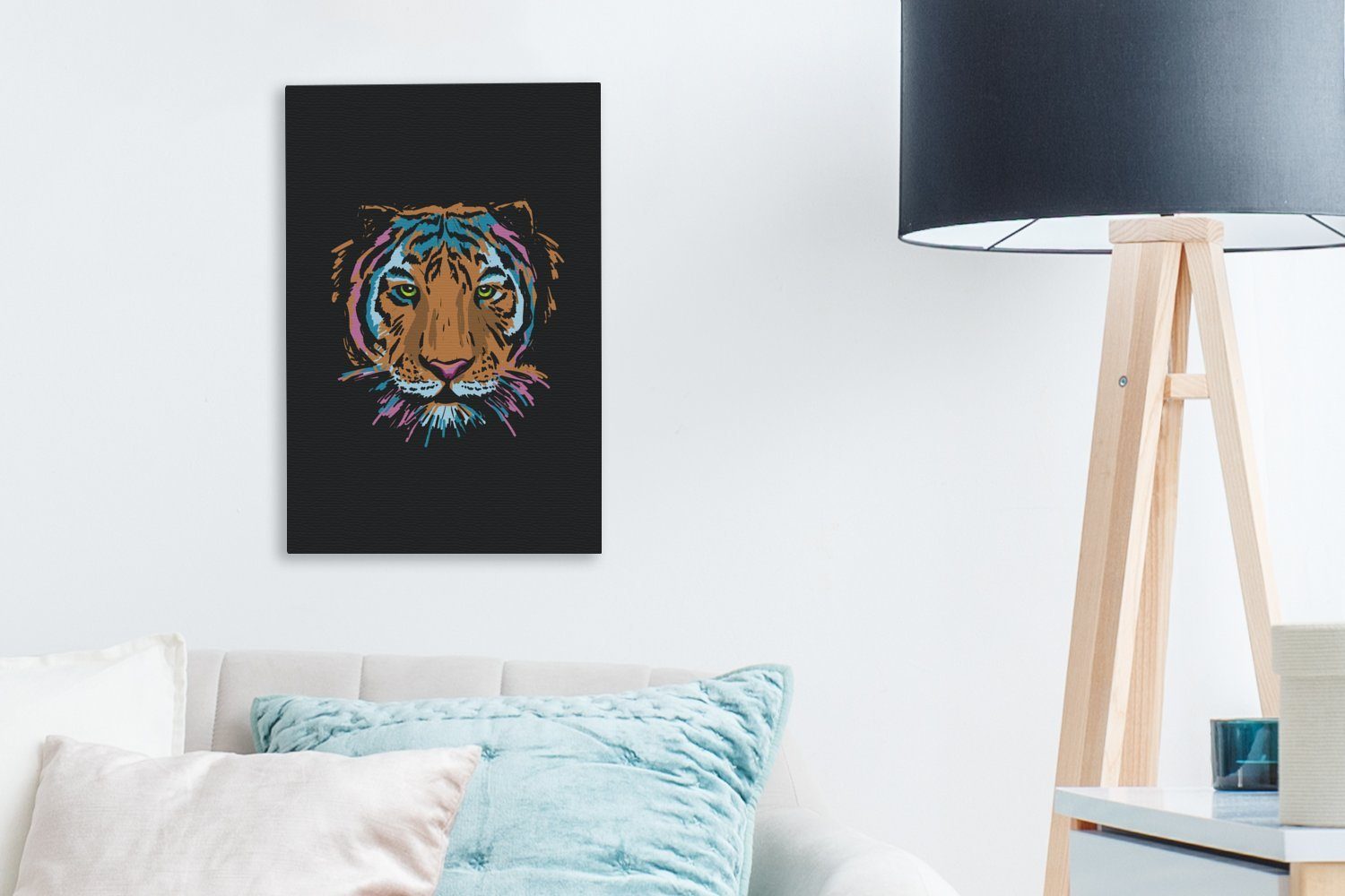 OneMillionCanvasses® Leinwandbild Tiger - (1 Leinwandbild fertig cm - 20x30 Gemälde, Malerei St), Schwarz, bespannt Zackenaufhänger, inkl