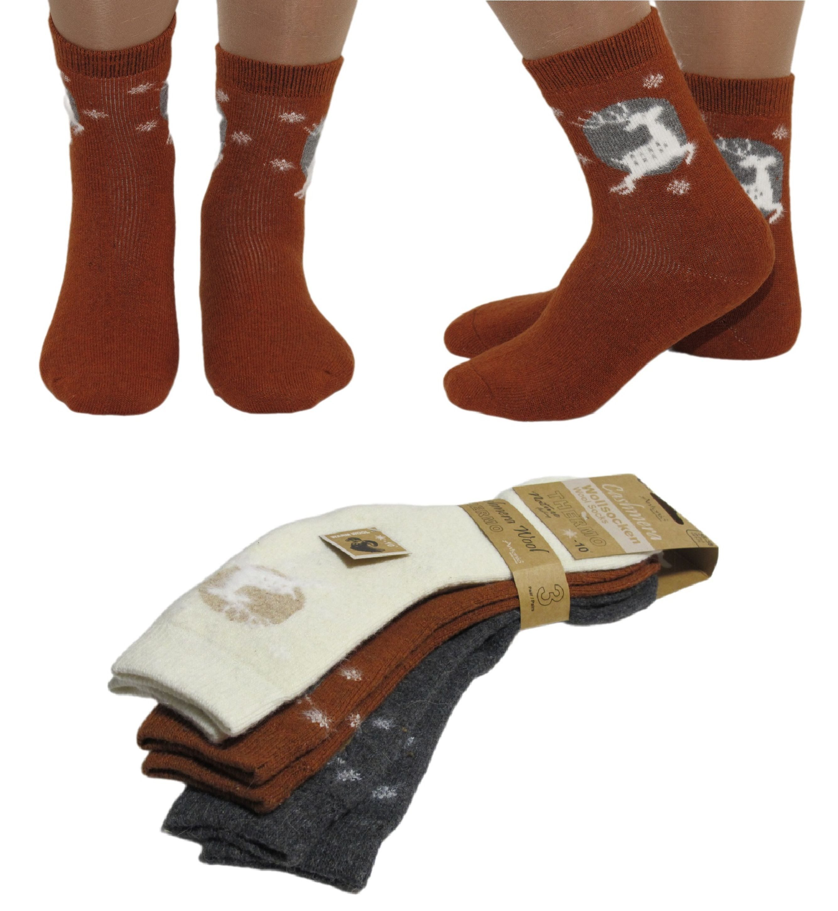 Antonio Socken 3 Paar Wollsocken Socken Damen Thermo Strümpfe Hirsch im Mondschein