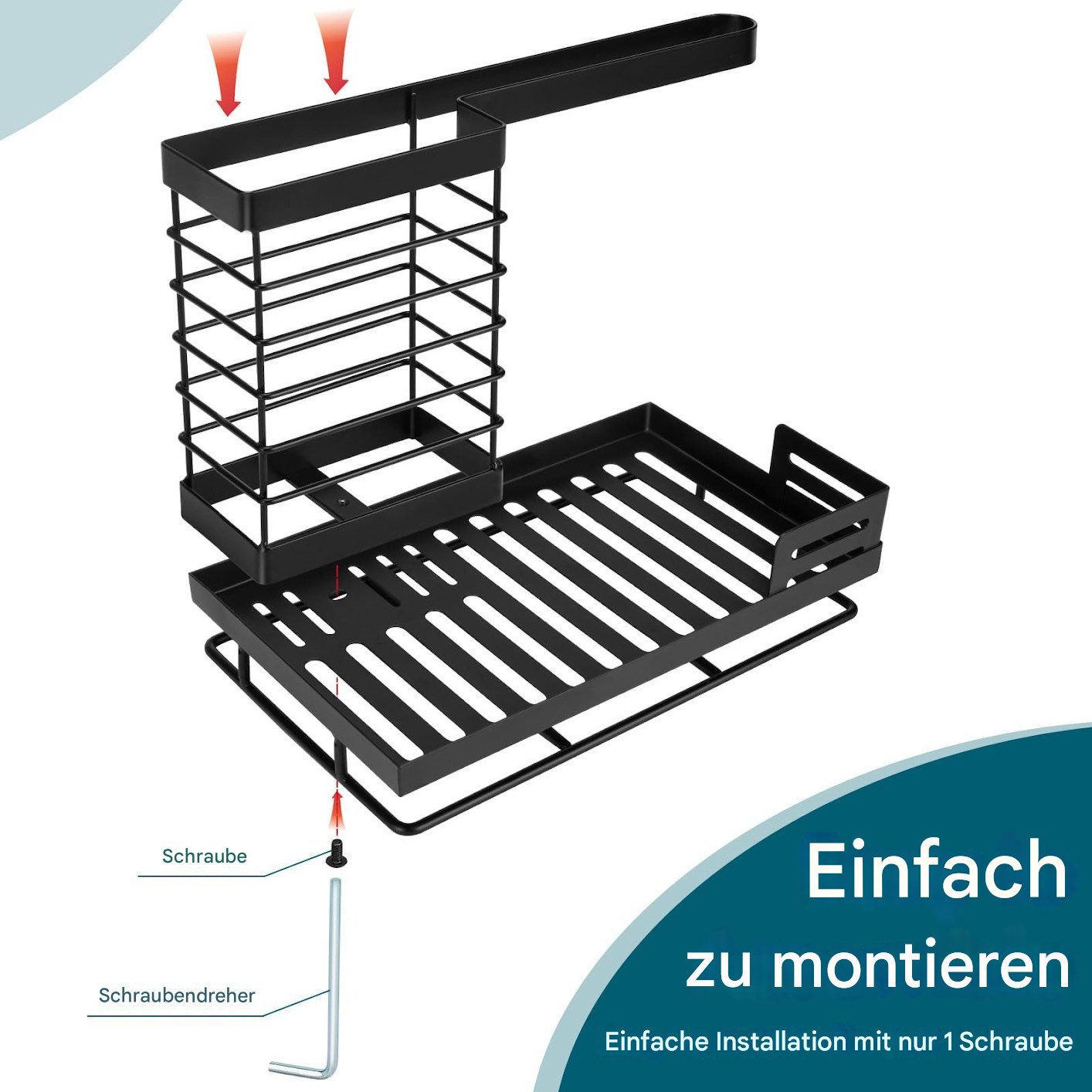 SURFOU Küchenorganizer-Set Spülbecken Organizer Spüle Organizer Spüllappenhalter Schwammhalter, (Hochwertiger Kohlenstoffstahl Schwammhalter/Spüllappenhalter mi – Bild 4 von 5