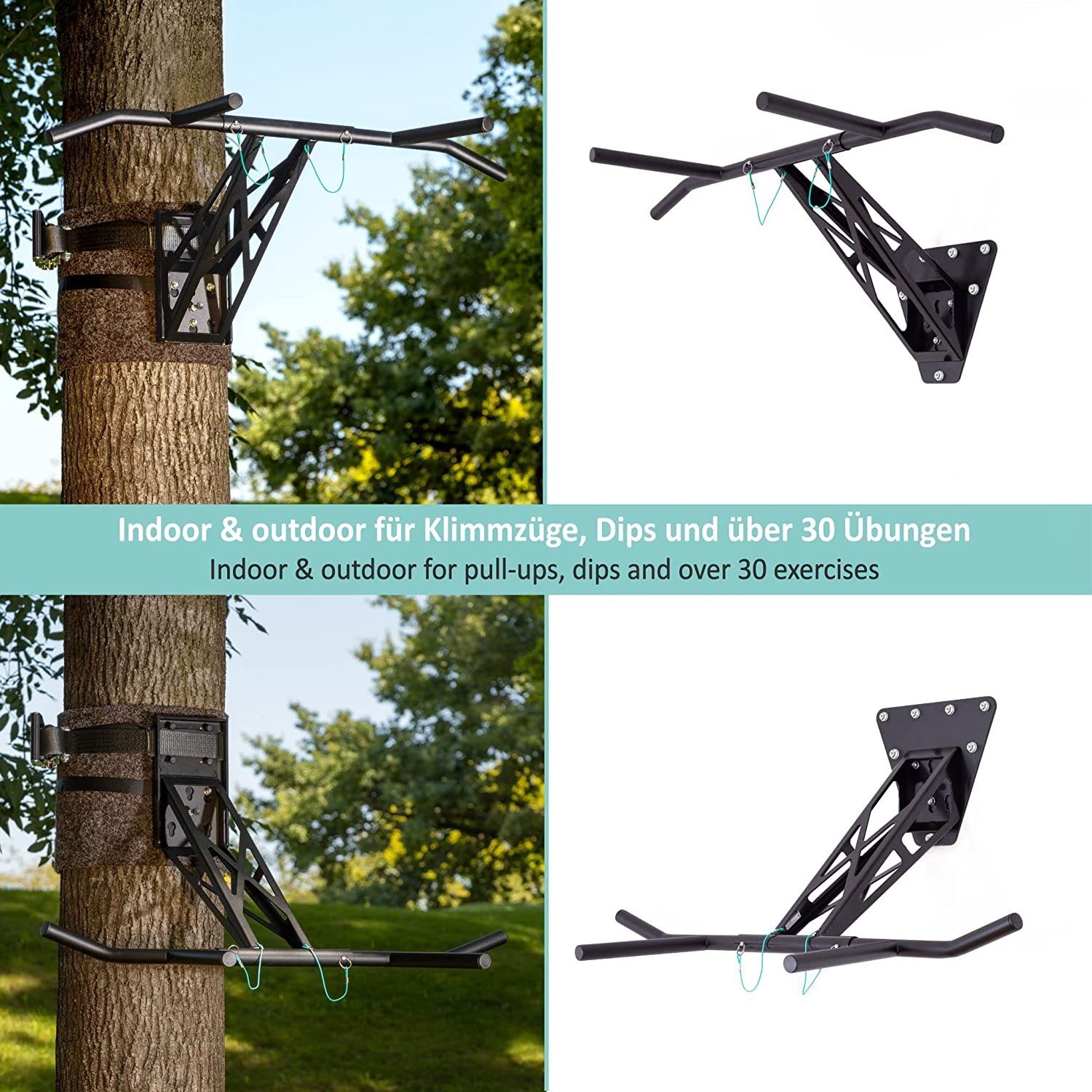 Pullup & Dip Klimmzugstange PULLUP & DIP Premium Klimmzugstange und Dip Stange (1-tlg., 2 x Multi Stange für Klimmzüge und Dips, Spanngurt 2,5 m)