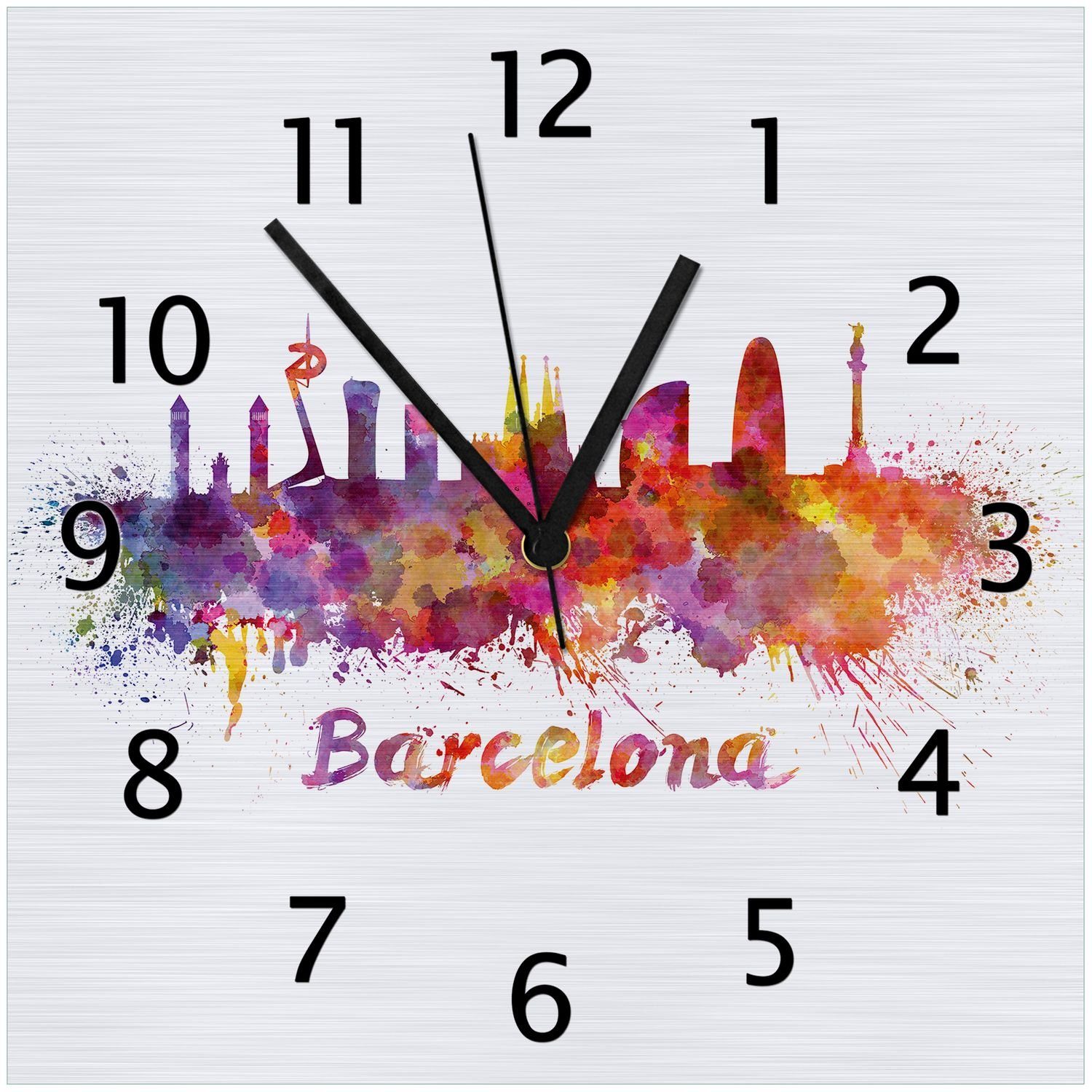 Wallario Wanduhr Städte als Aquarell - Skyline von Barcelona (Aluverbunduhr)