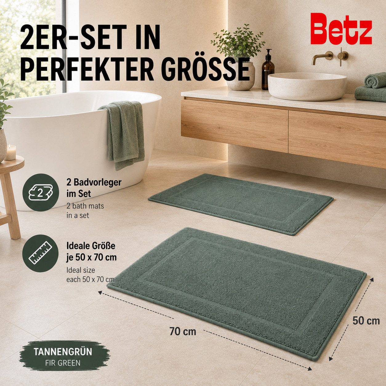 Betz Badematte 2 Stück Badvorleger Premium Badteppich Größe 50x70 cm, unbeschichtet, beidseitig nutzbar, beidseitig nutzbar, Baumwolle, Qualität 650g/m² – Bild 3 von 5