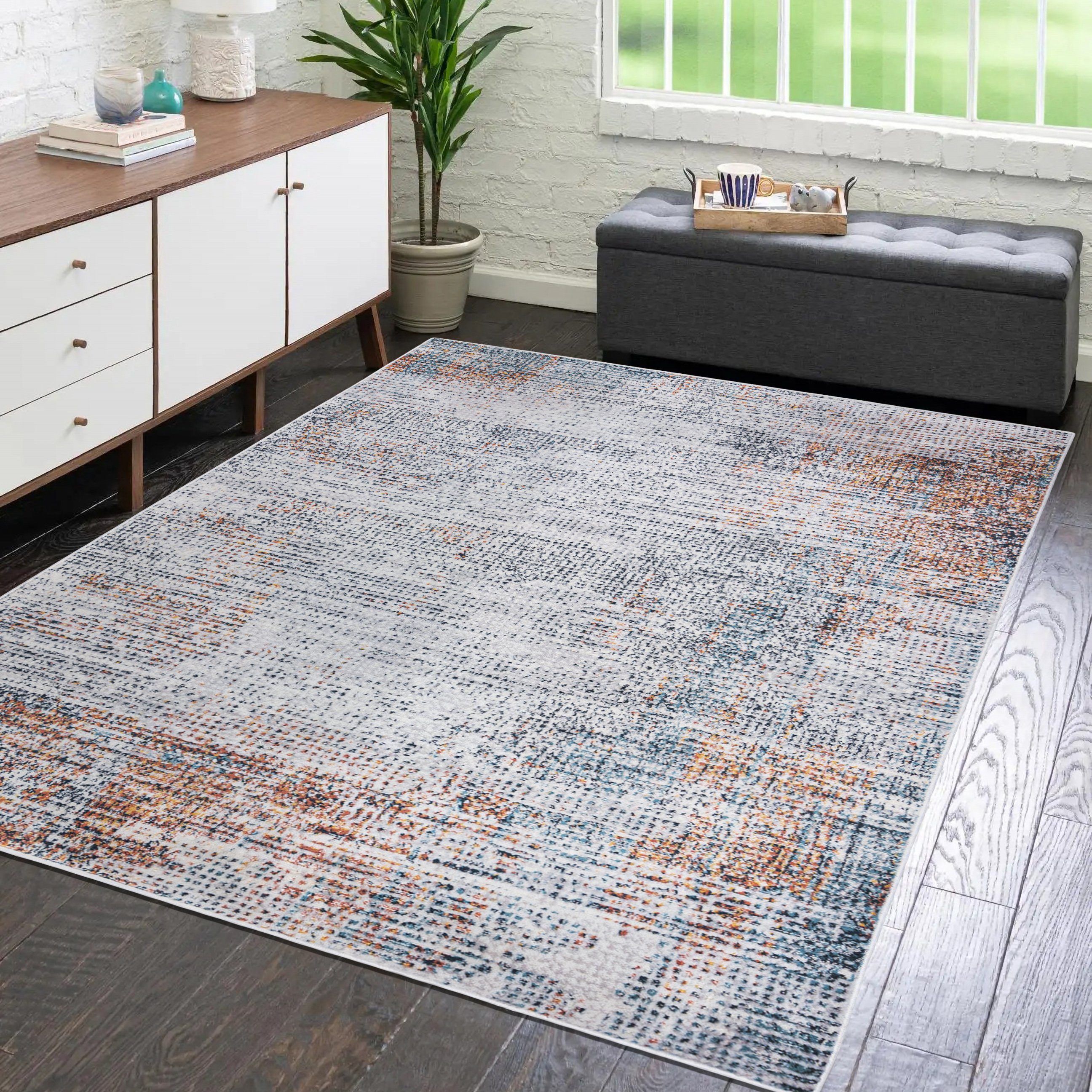 Designteppich Modern Vintage Teppich - Abstrakt Muster Creme Bunt - kurzflor, Mazovia, 60 x 100 cm, Wohnzimmer, Geeignet für Fußbodenheizung, Höhe 9 mm, Kurzflor