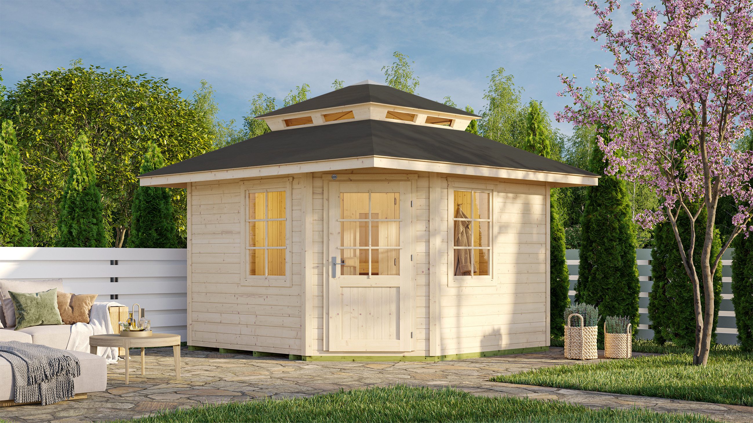 weka Saunahaus Kurikka, BxTxH: 380 x 380 x 315 cm, 28 mm, mit Blockbohlen und Massivholz-Zeltdach