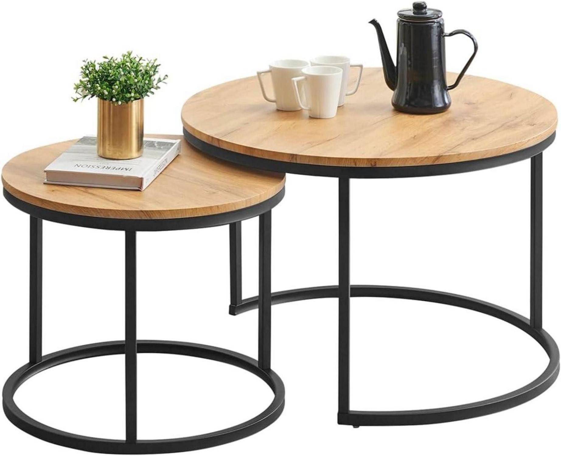 Couchtisch Moderne Couchtische 2er Set Schwarz Metallgestell Rund Eiche 70x70x45