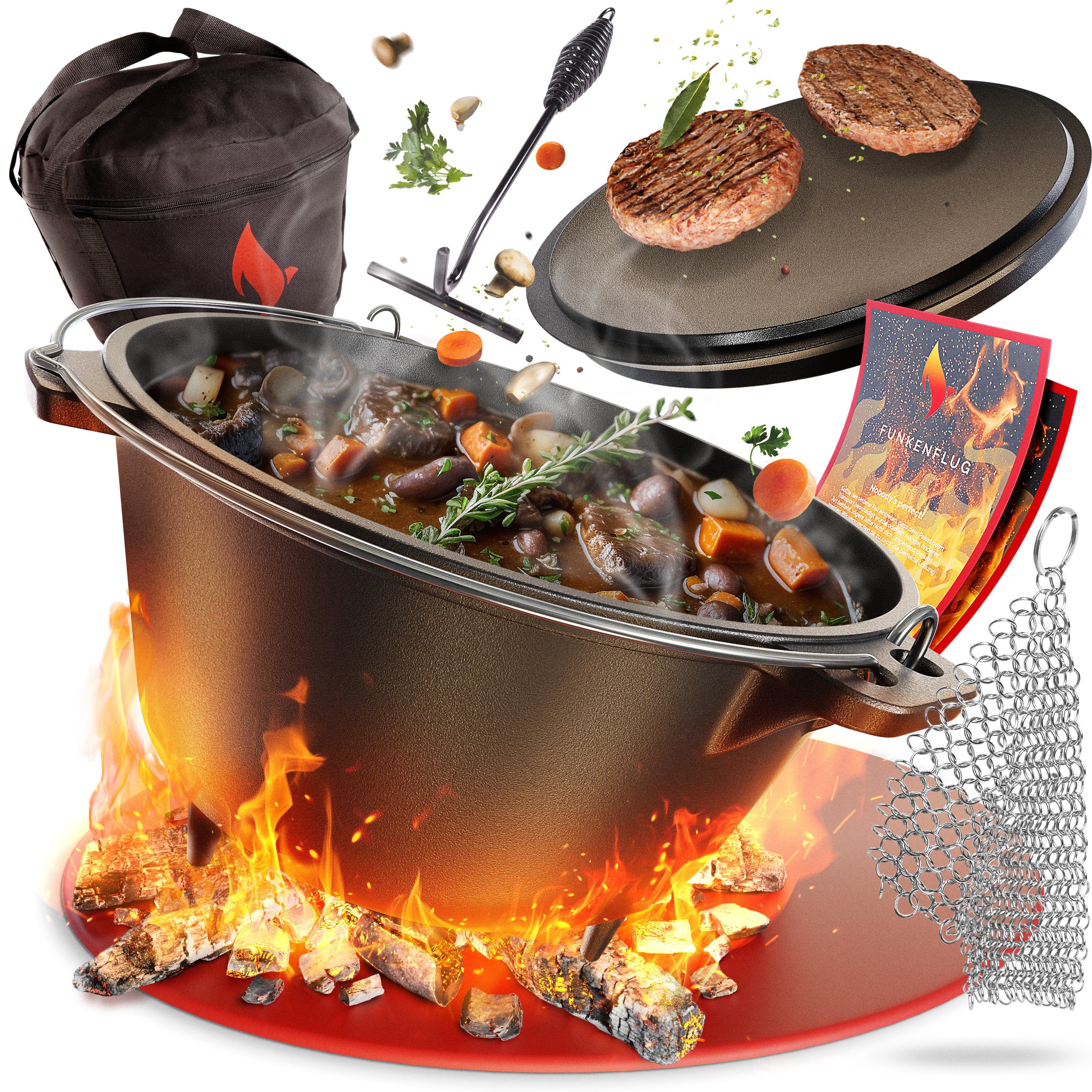 & aus Gusseisen Eingebrannter Feuertopf [8QT], BBQ Set, Deckelheber, Feuertopf Oven & Oven 5-tlg., (Rustikales massivem Rezepte Dutch inkl. dickwandigen Ringreiniger Dutch Gusseisen), Funkenflug Transporttasche, E-Book