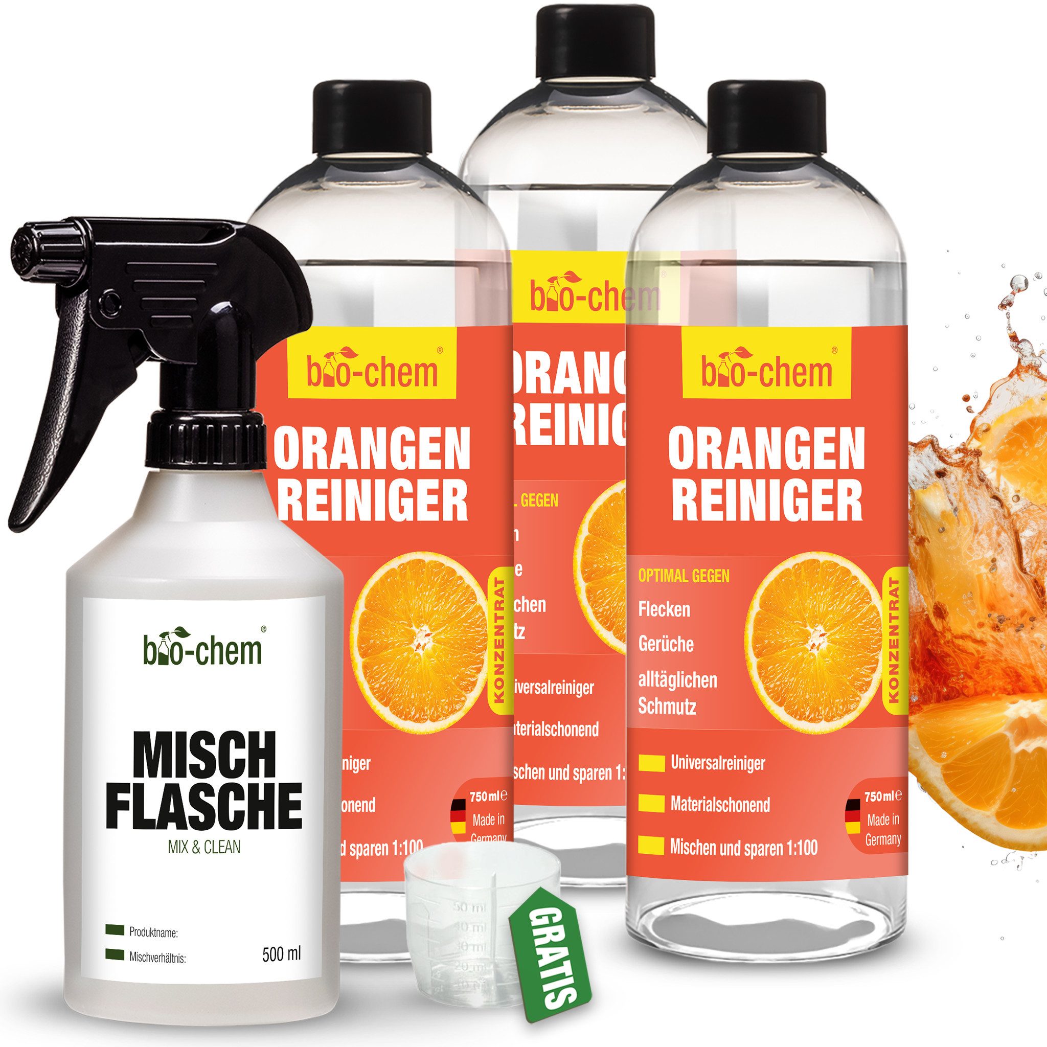bio-chem bio-chem Orangenreiniger 750ml – Konzentrat mit Orangenschalenextrakt Allzweckreiniger (Orangenreiniger 3x 0.75 l + 0.5 l Handspray-Mischflasche)