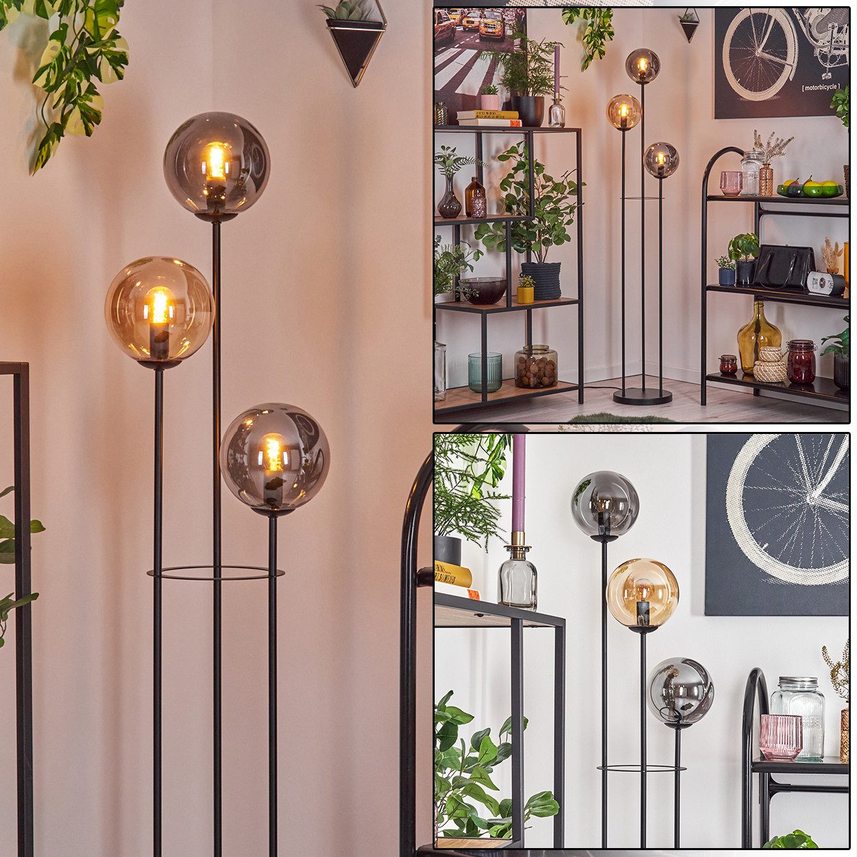 hofstein Stehlampe Stehlampe aus Metall/Glas in Schwarz/Bernstein-/Rauchfarben, ohne Leuchtmittel, Stehleuchte im Retro-Design m. Glasschirmen (15cm), Fußschalter, E14